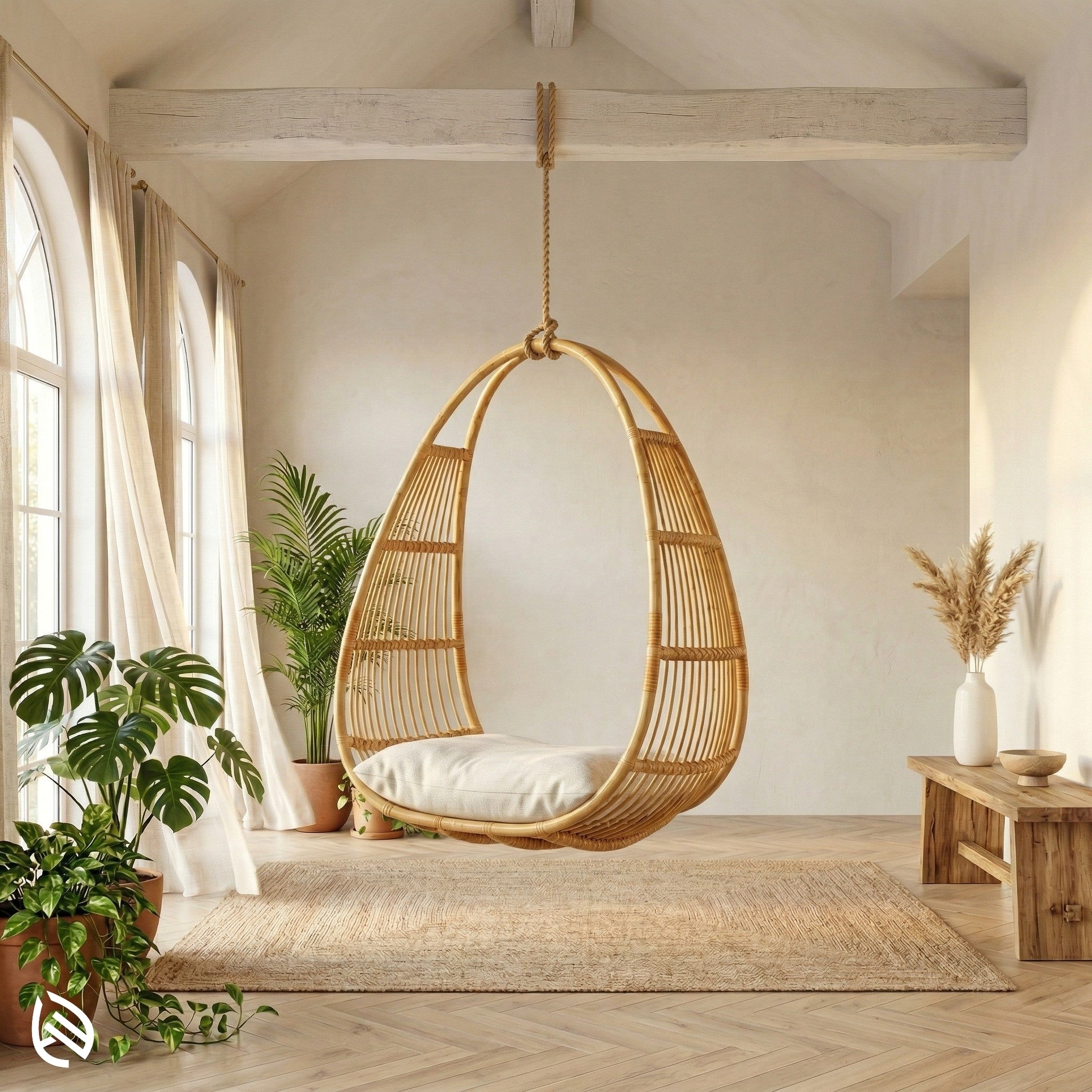 Woven hanging chair in a room with plants and wooden furniture