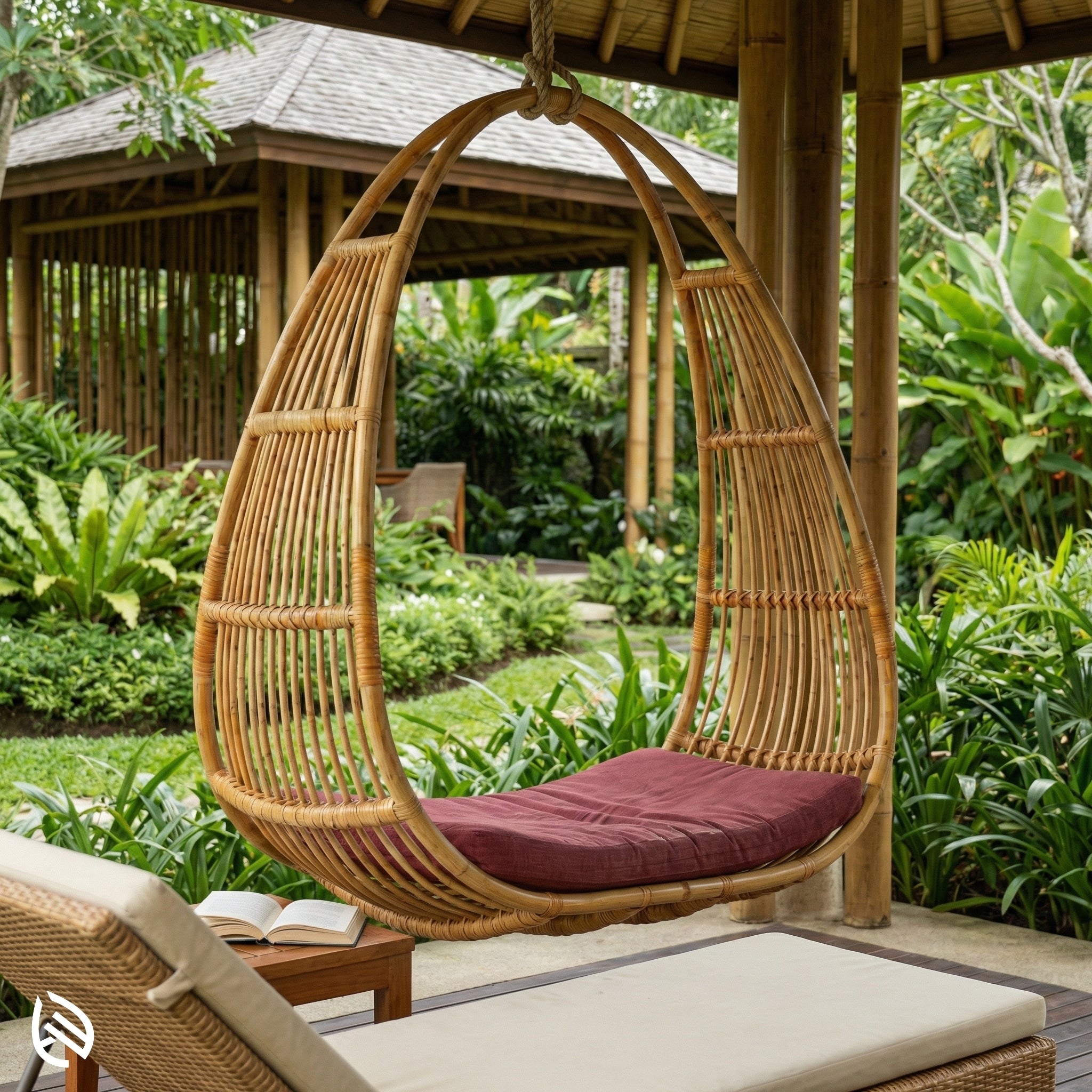 Wicker hanging chair with a red cushion in a garden setting