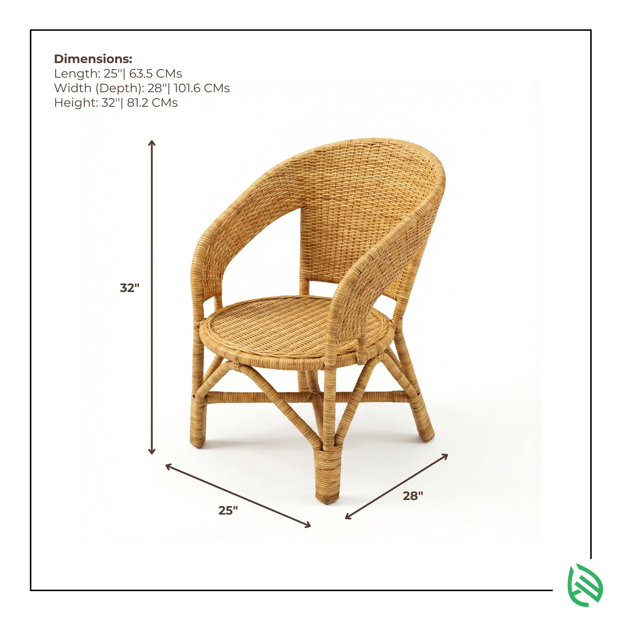 Wicker chair with dimensions labeled on a white background