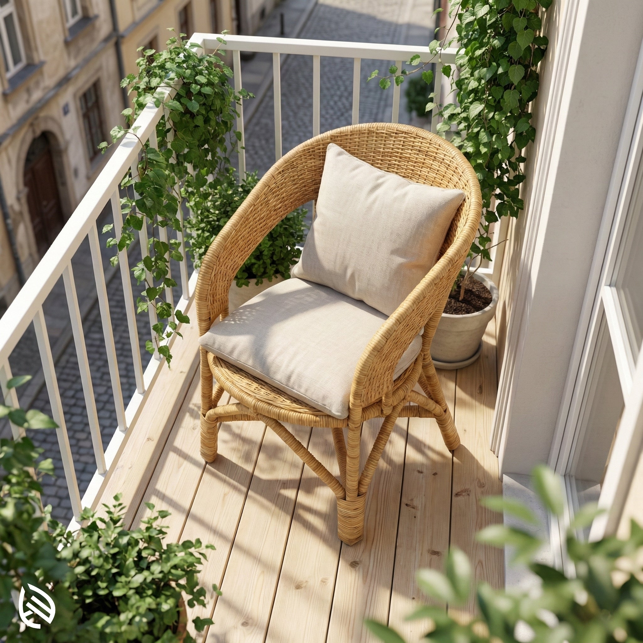 Wicker chair with a cushion on a balcony with plants