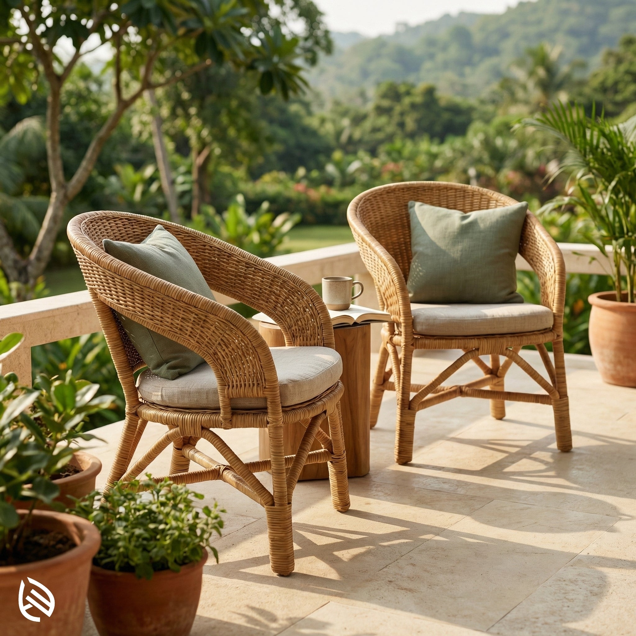 Two wicker chairs with cushions on a stone patio with a scenic background