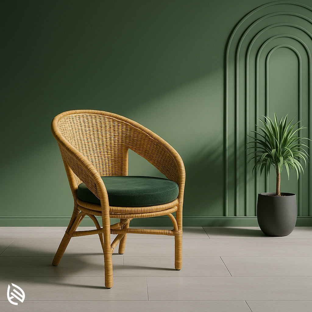 Handcrafted natural rattan accent chair with curved back and green cushion for modern interiors