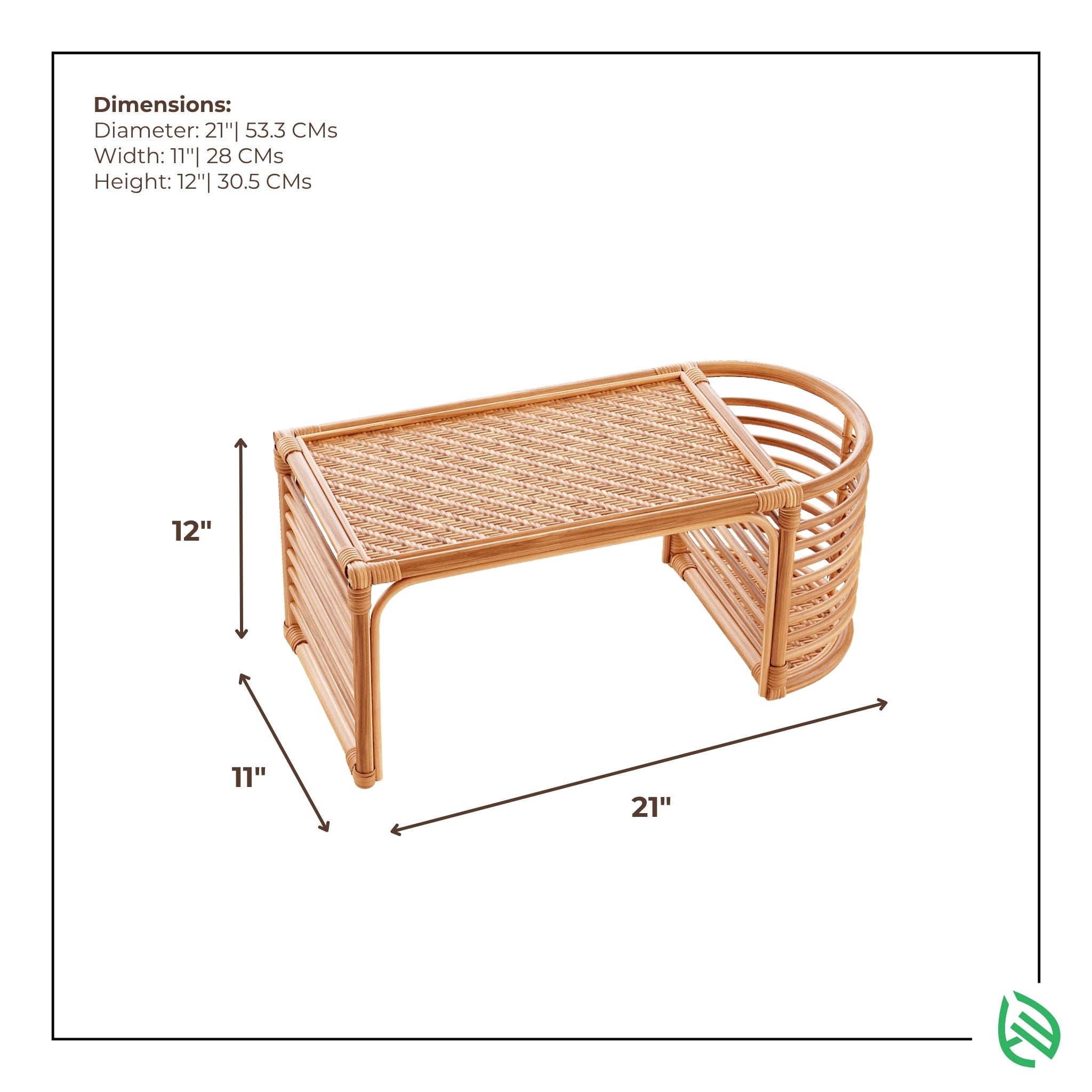 Dimensions diagram for Bed top bliss rattan lap desk - 21 in length × 11 in width × 12 in height; natural rattan cane-top laptop tray.