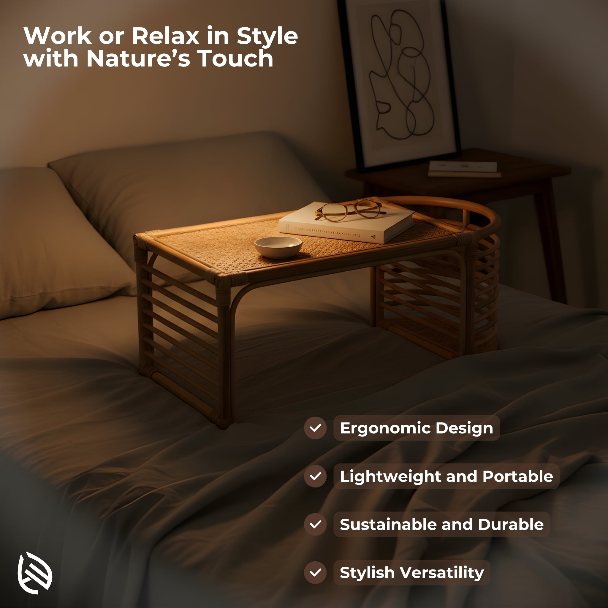 Feature graphic: Bed top bliss rattan lap desk - ergonomic, lightweight, sustainable natural rattan bed study table with cane surface.