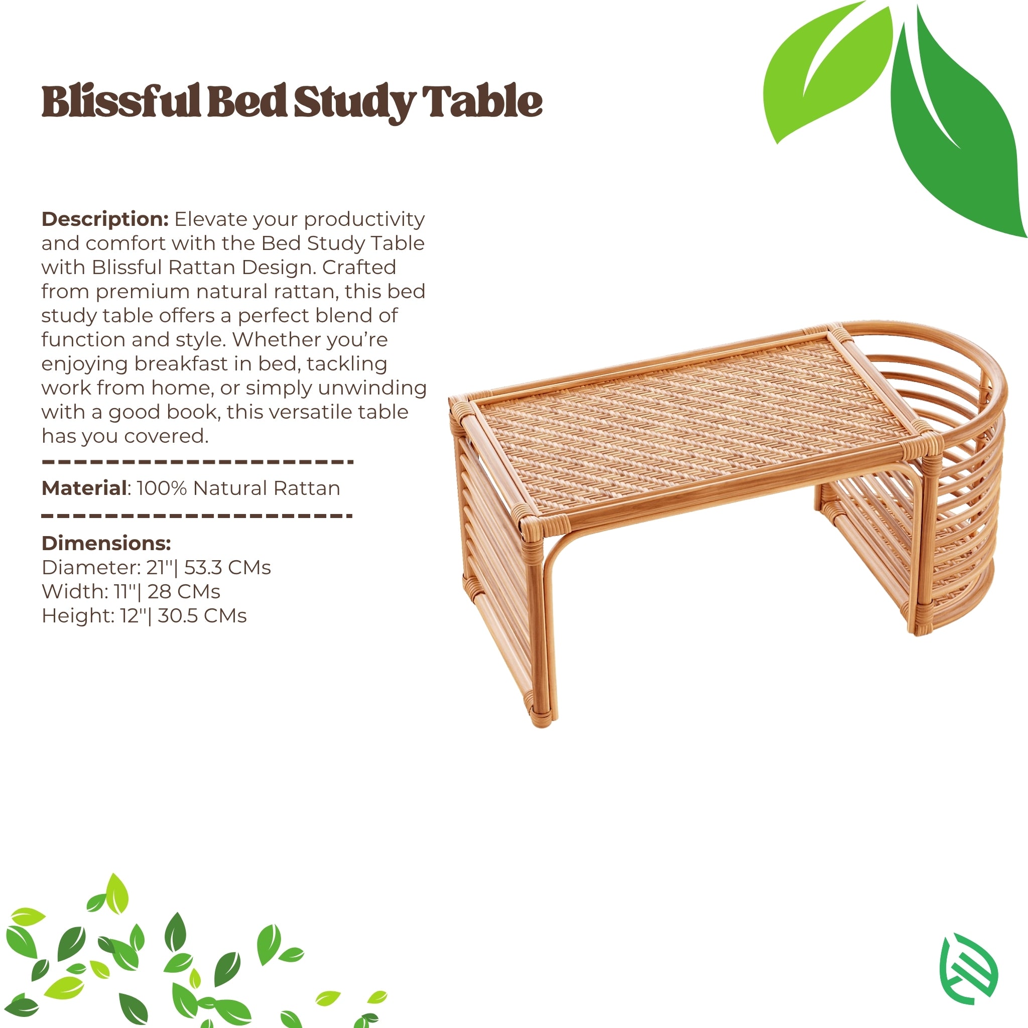 Product spec sheet: Bed top bliss rattan lap desk - 100% natural rattan, ergonomic cane-top design; size 21×11×12 inches - EarthNWe.