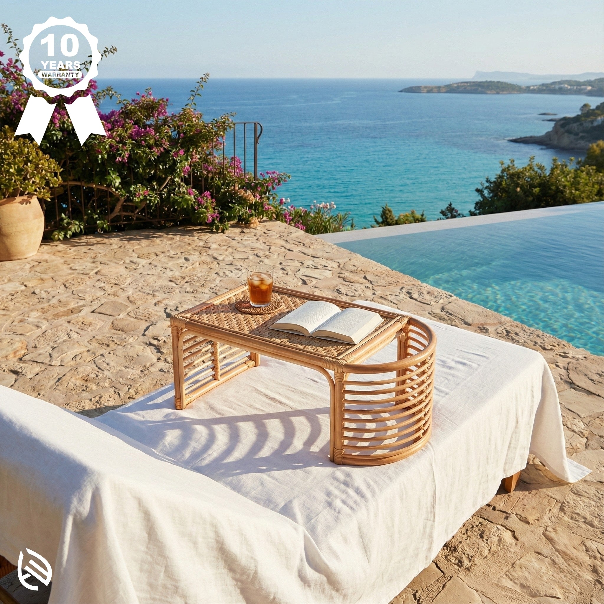 Relaxing scene with a book and drink on a table by a pool with ocean view