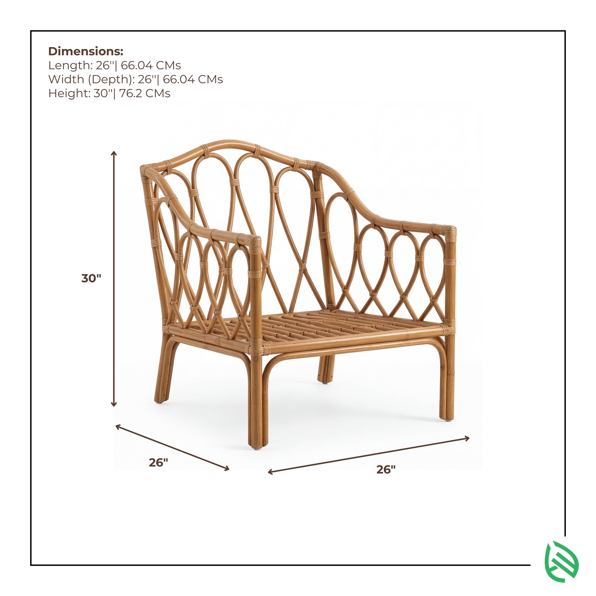 Wicker chair with dimensions labeled on a white background