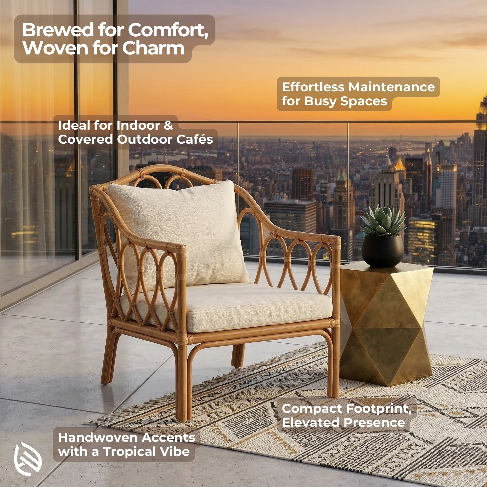 Wooden chair with beige cushion on a patio with cityscape view, text about chair features.