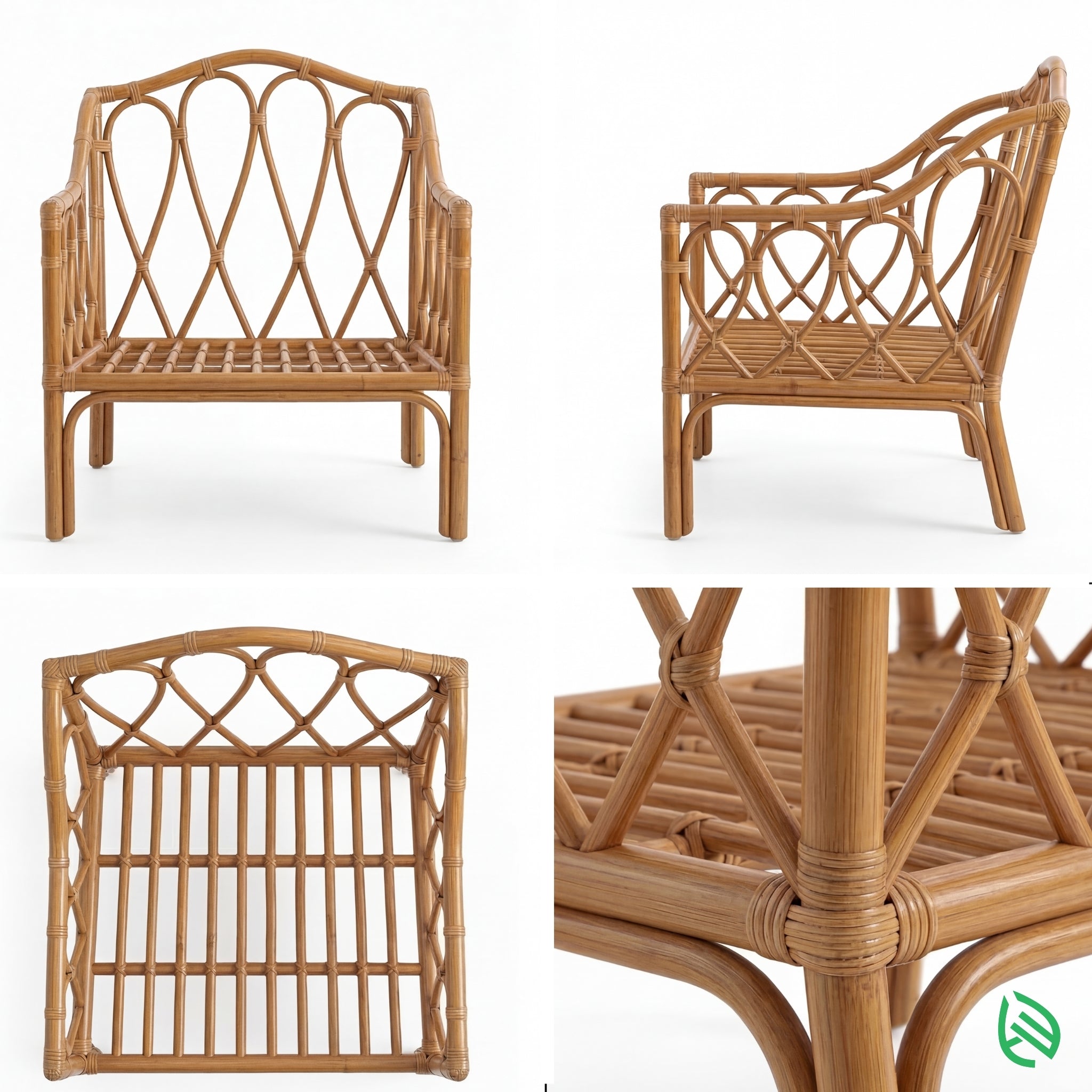 Wicker chair from multiple angles on a white background