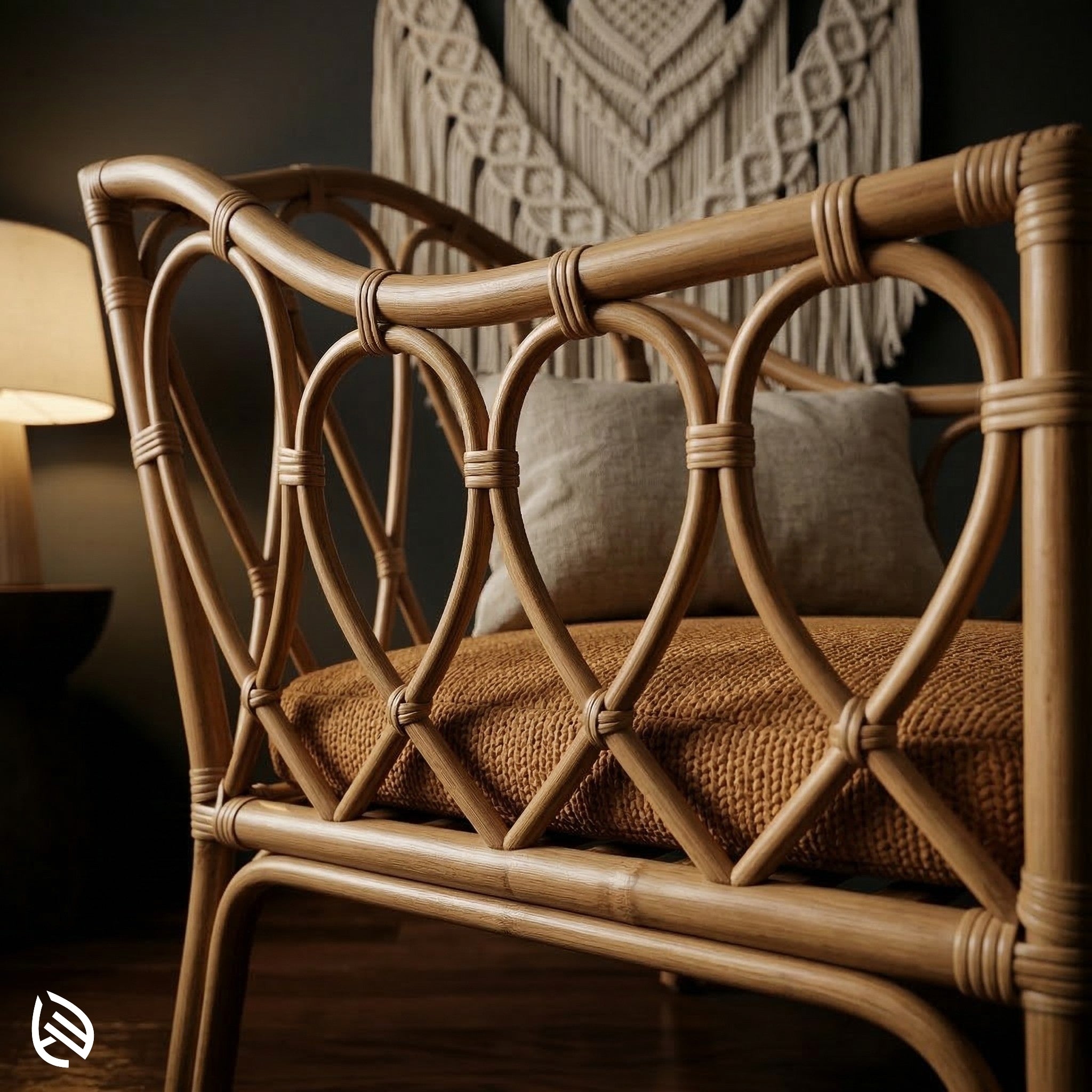 Wicker chair with a cushion in a warm-toned room