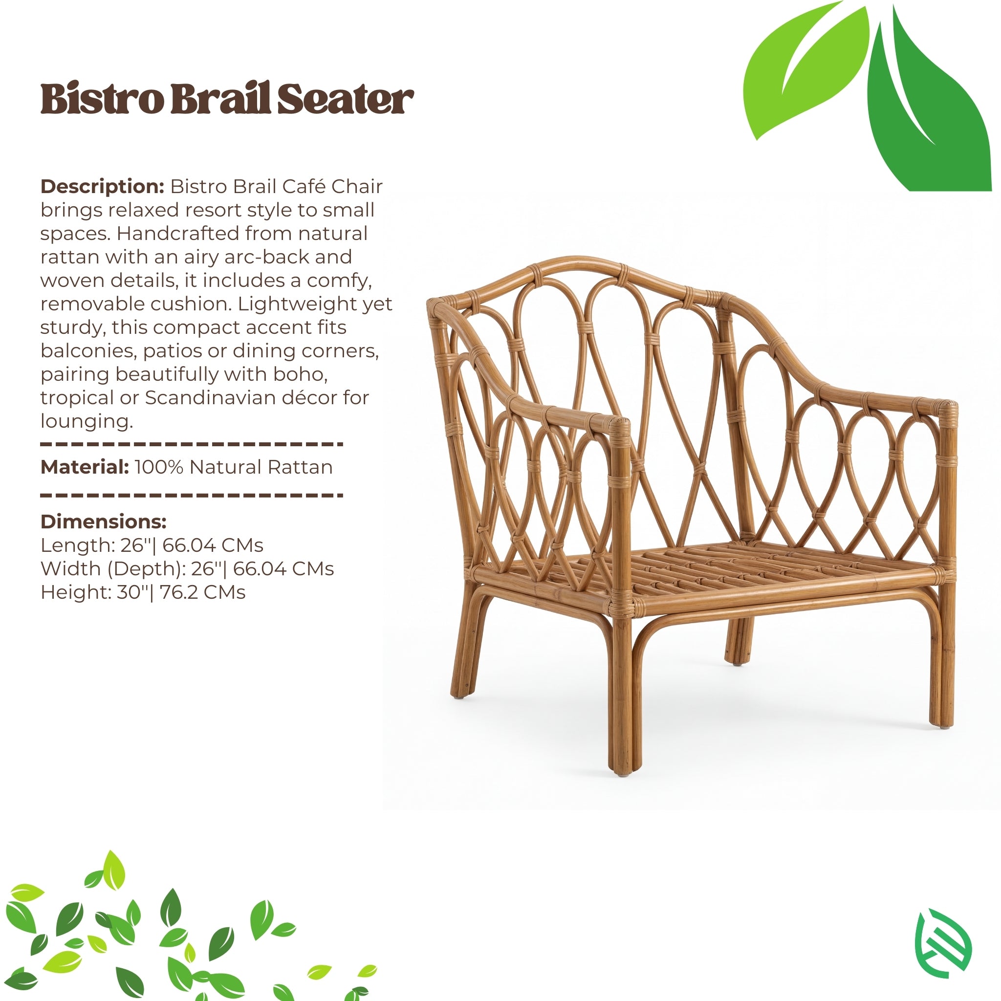 Bistro Brail Seater with product description and specifications on a white background