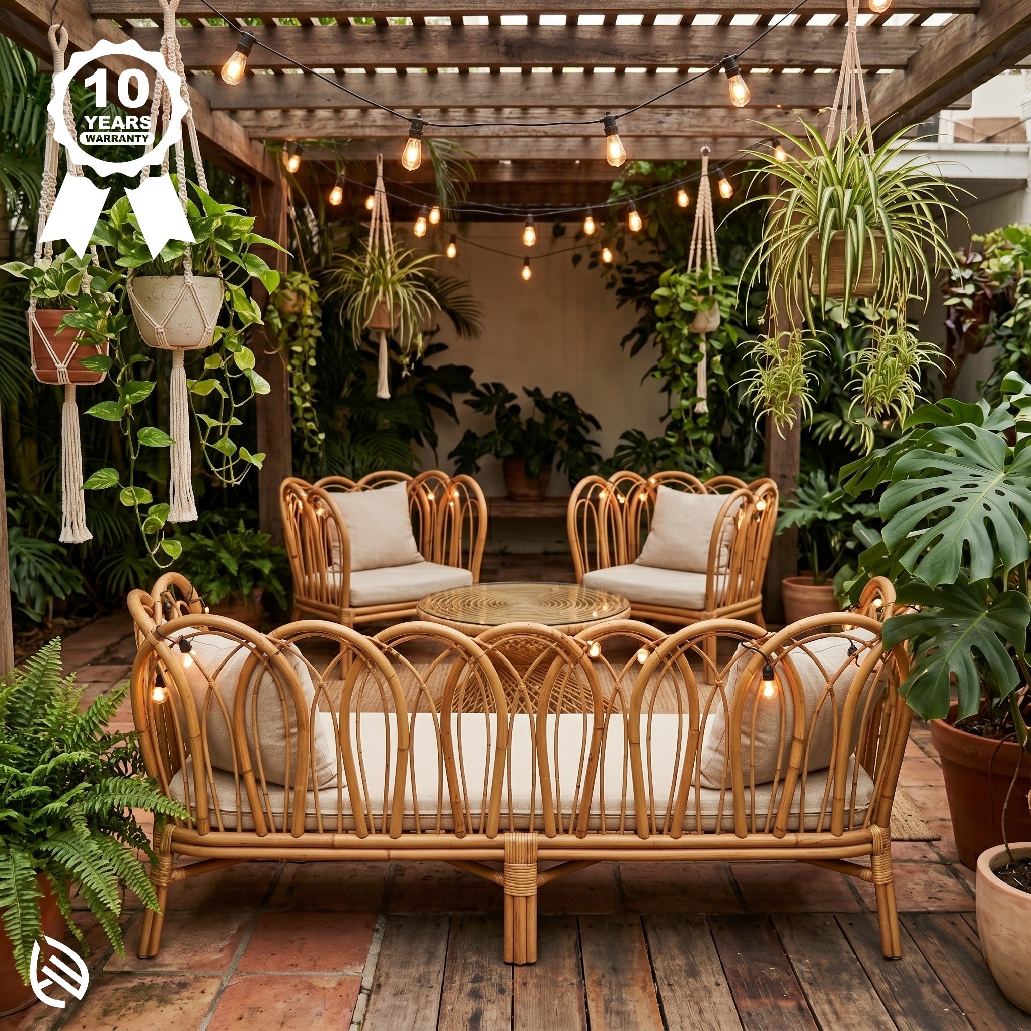 Outdoor patio rattan sofa set with plants and warm string lights