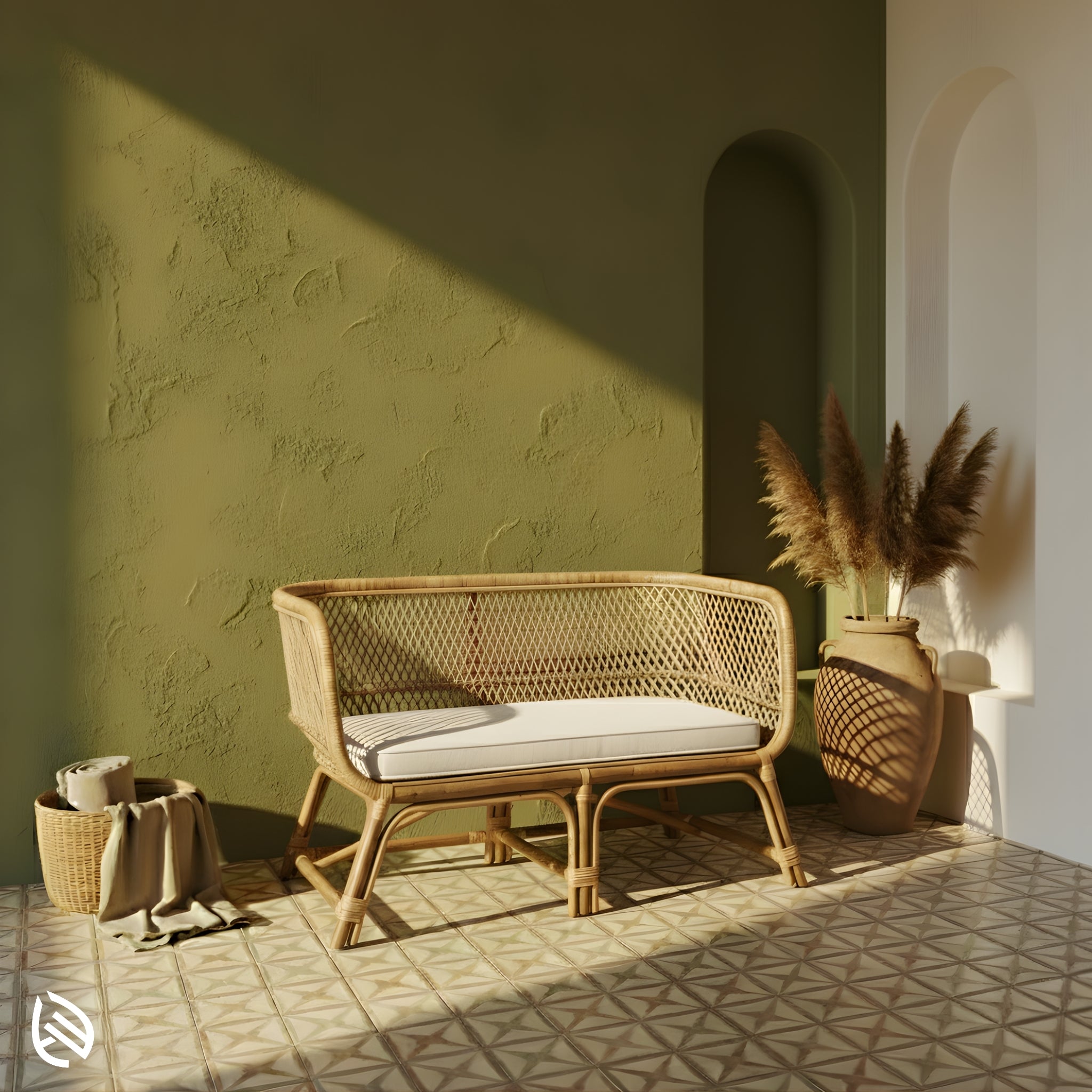 Boheme Weave rattan 2-seater on tiled patio, diamond cane weave, neutral cushion