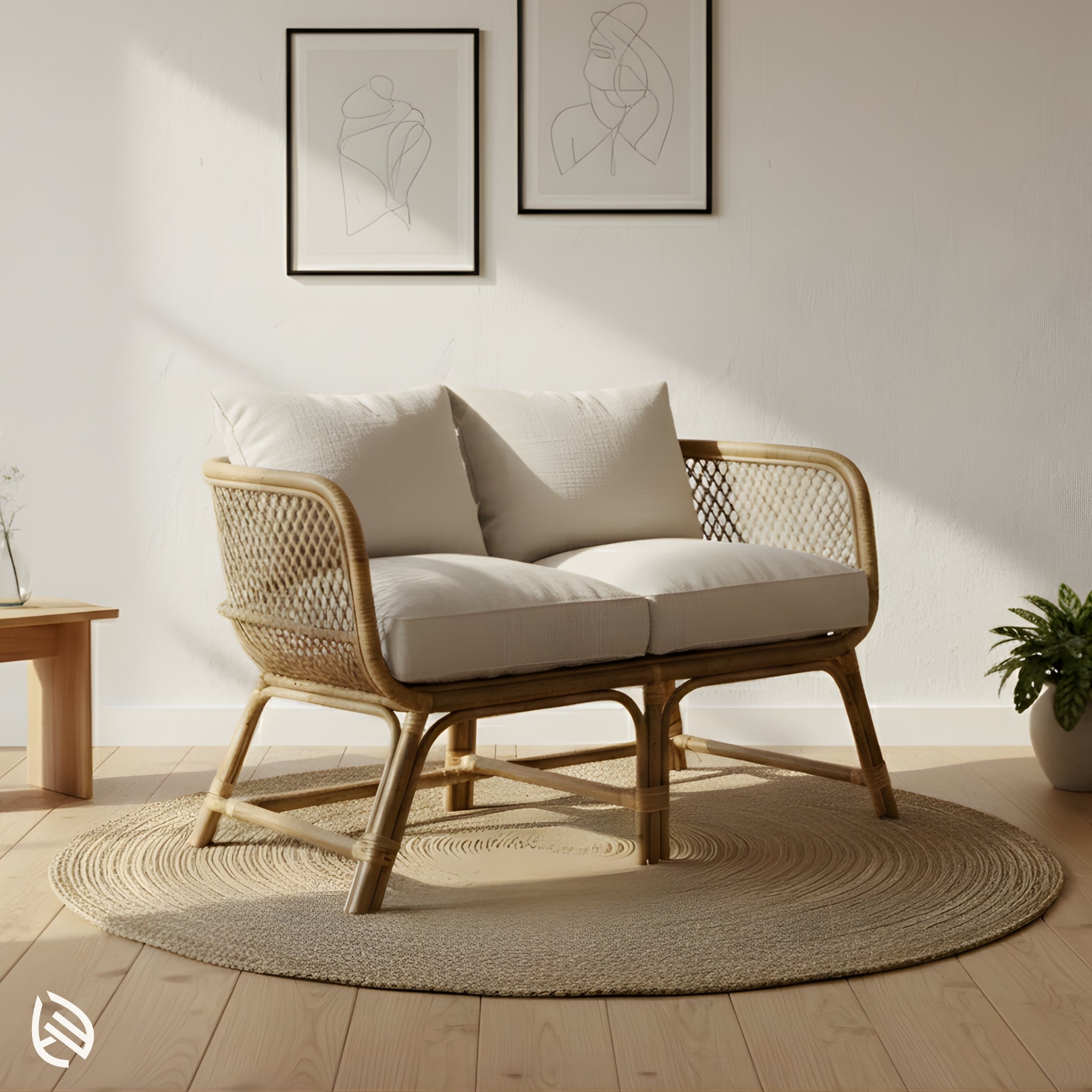 Close view showing curved silhouette with plush cushions on round jute rug
