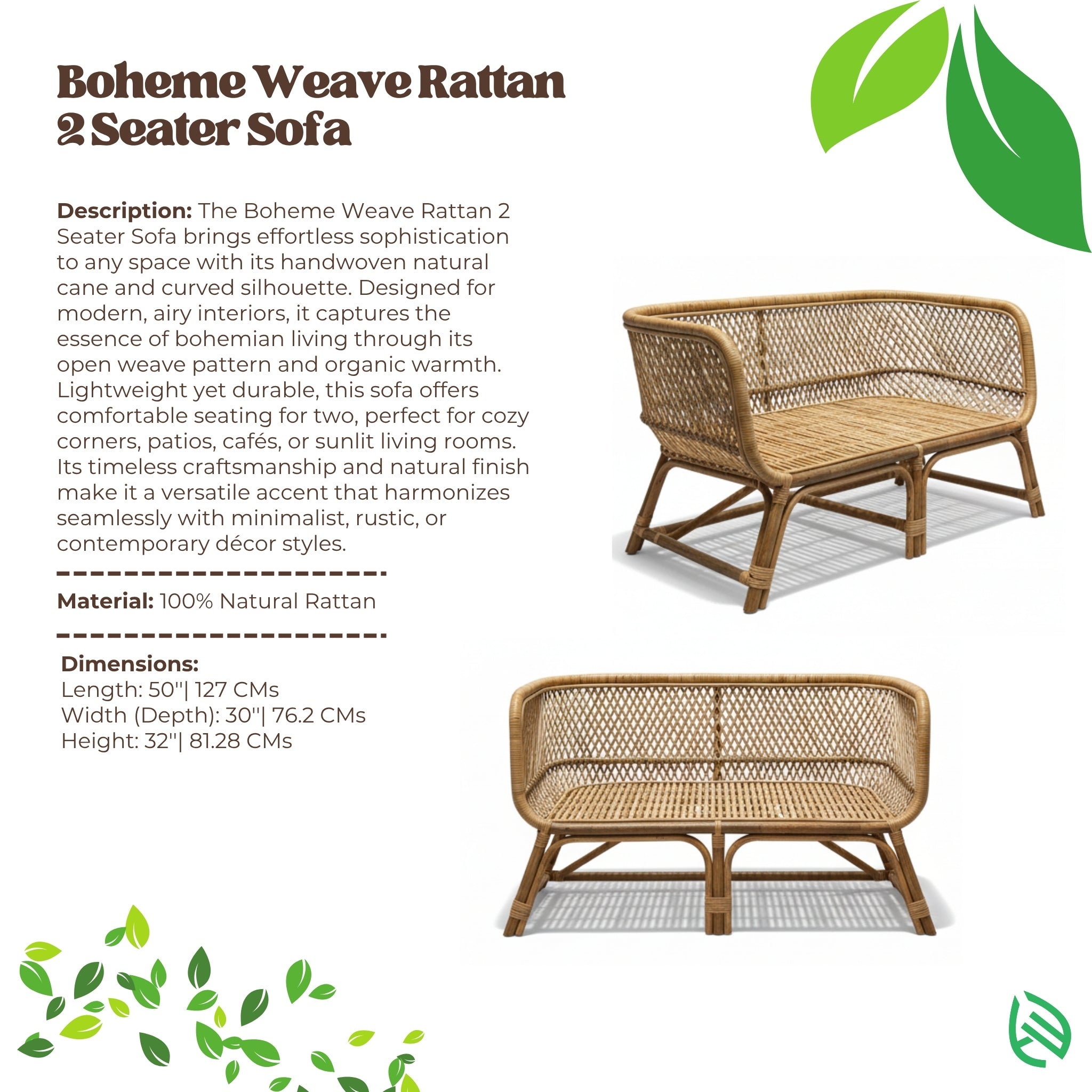 Boheme Weave 2 Seater Sofa with product description and specifications on a white background.
