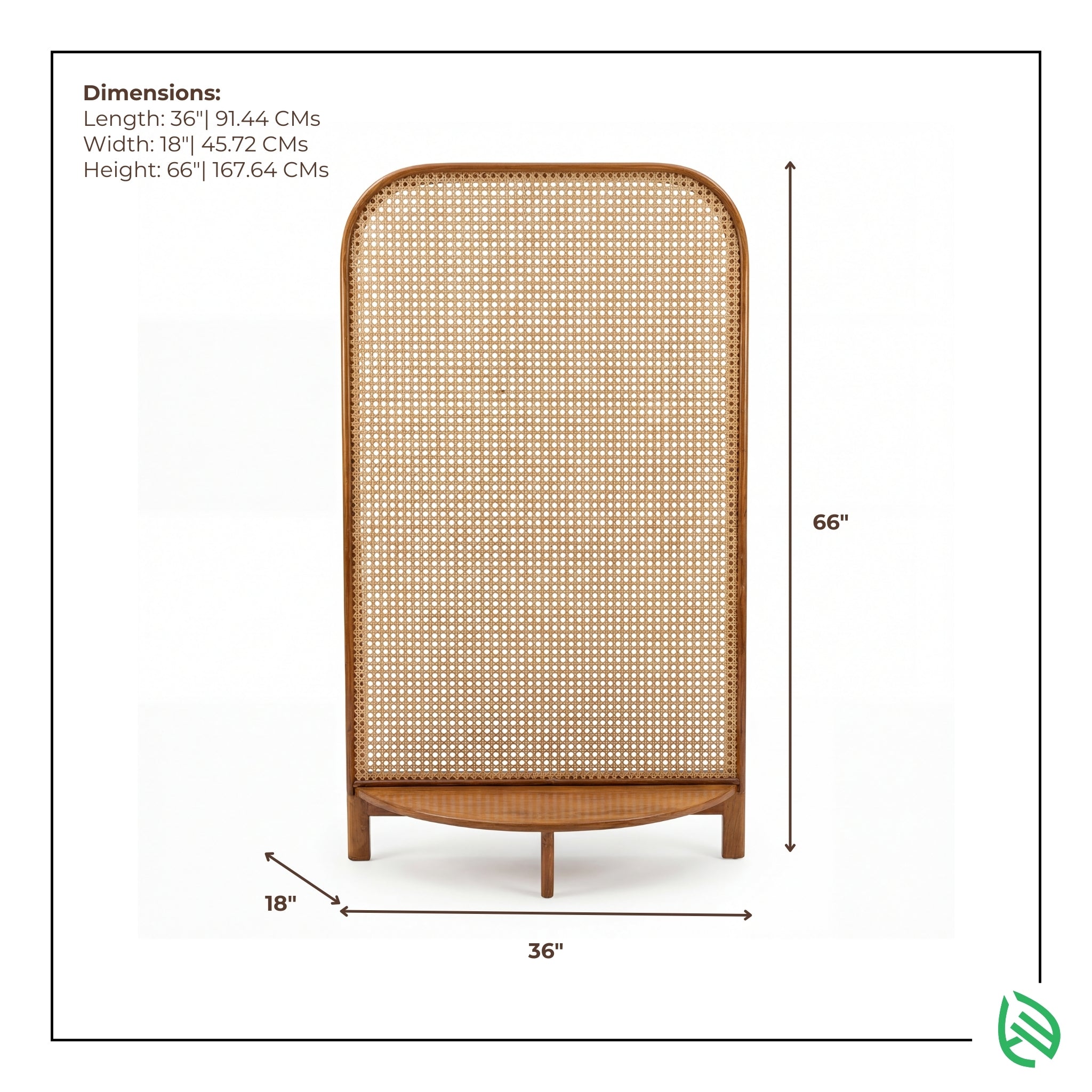 Wicker screen with dimensions labeled on a white background