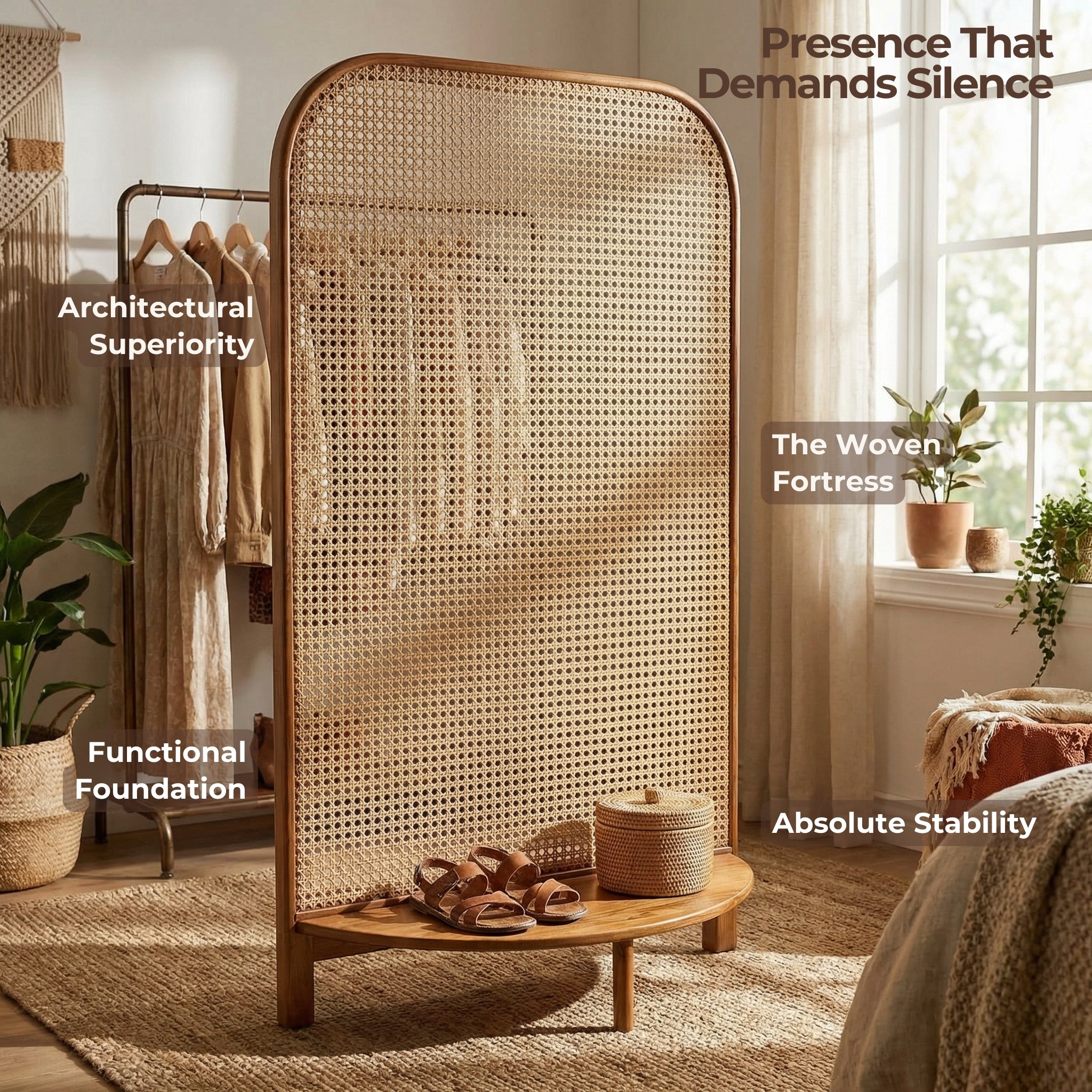 Woven room divider in a room with plants and furniture.