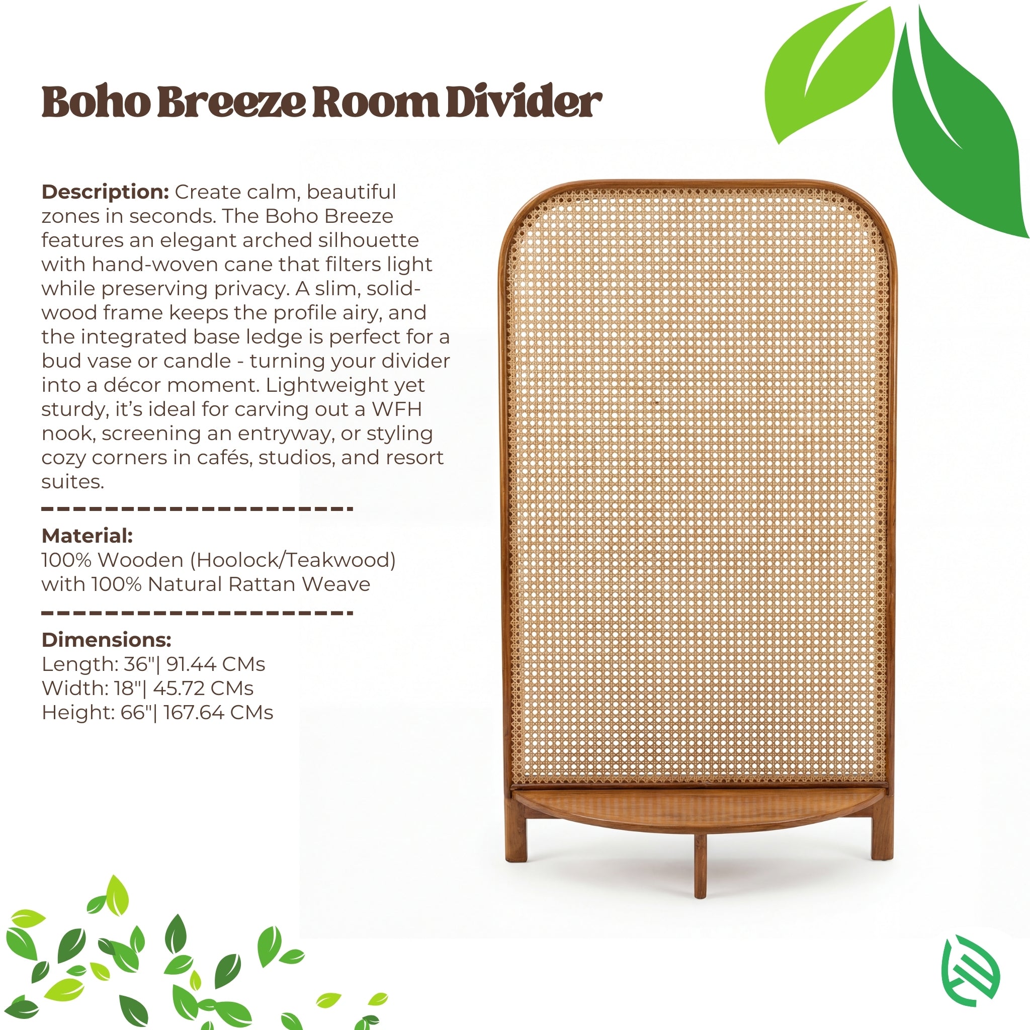 Boho Breeze room divider with product description and specifications on a white background
