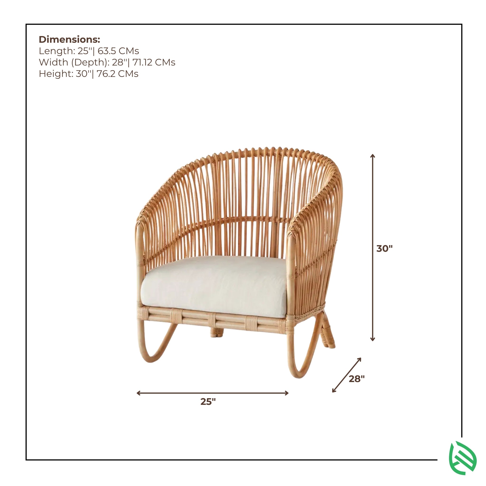 Dimensions graphic of Boho Nest rattan chair 25x28x30 inches
