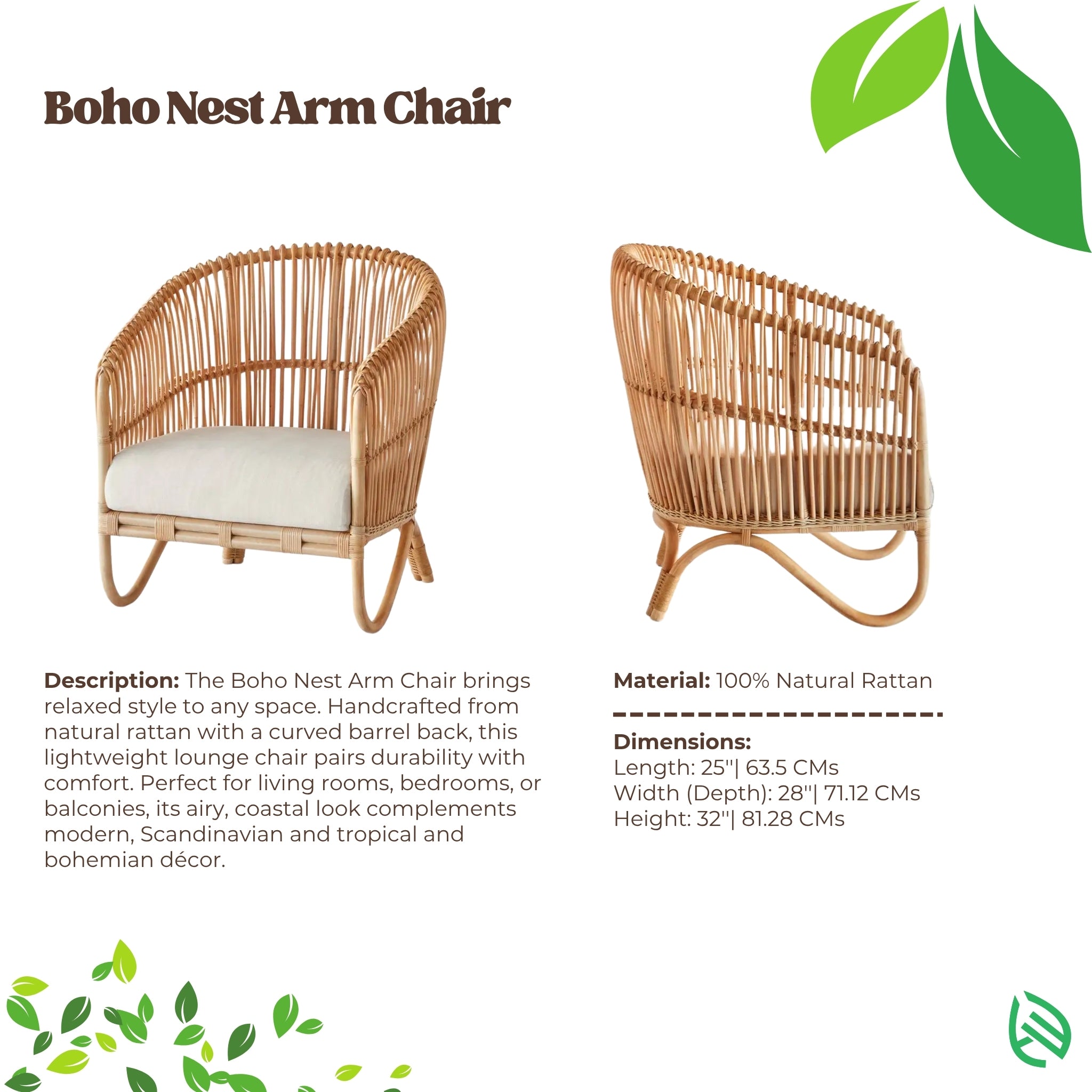 Boho Nest Arm Chair with rattan design on a white background