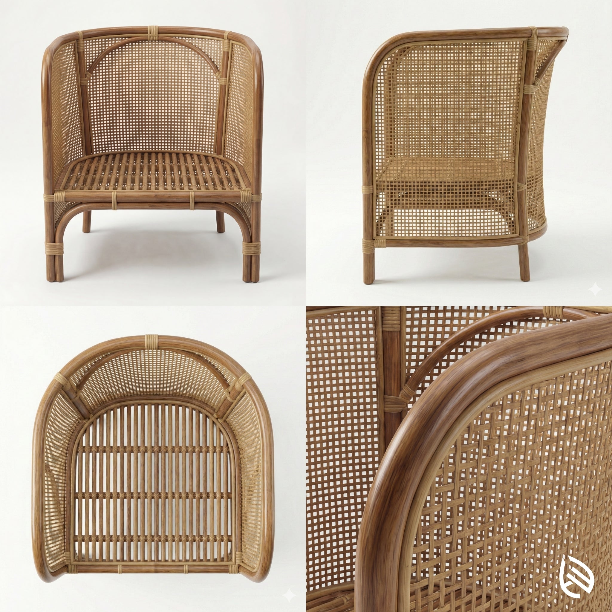 Wicker chair shown from multiple angles on a white background
