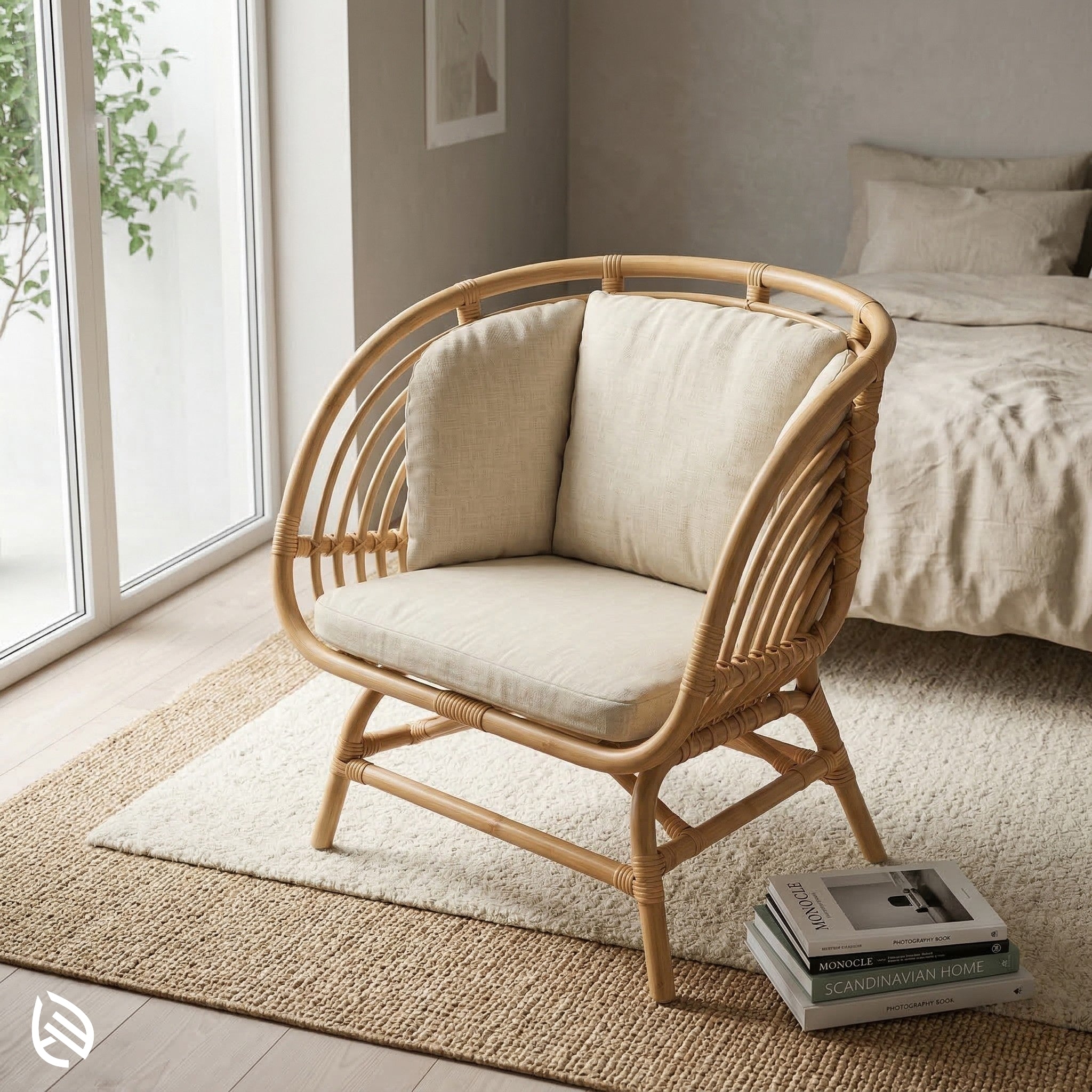 Wicker chair with beige cushions in a bedroom setting