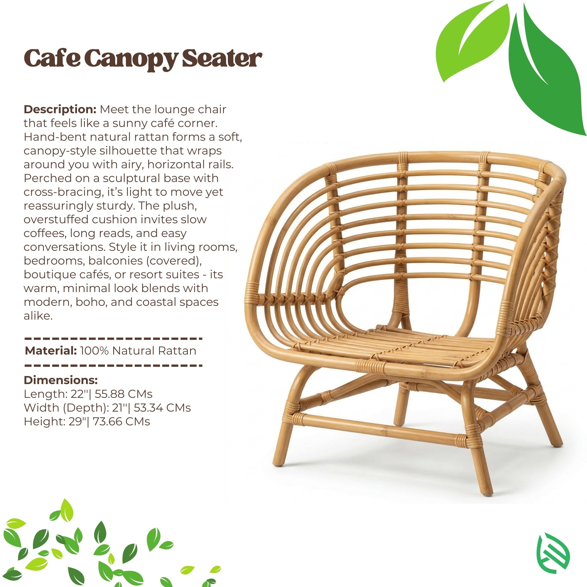 Café Canopy Seater made of natural rattan with product description on a white background