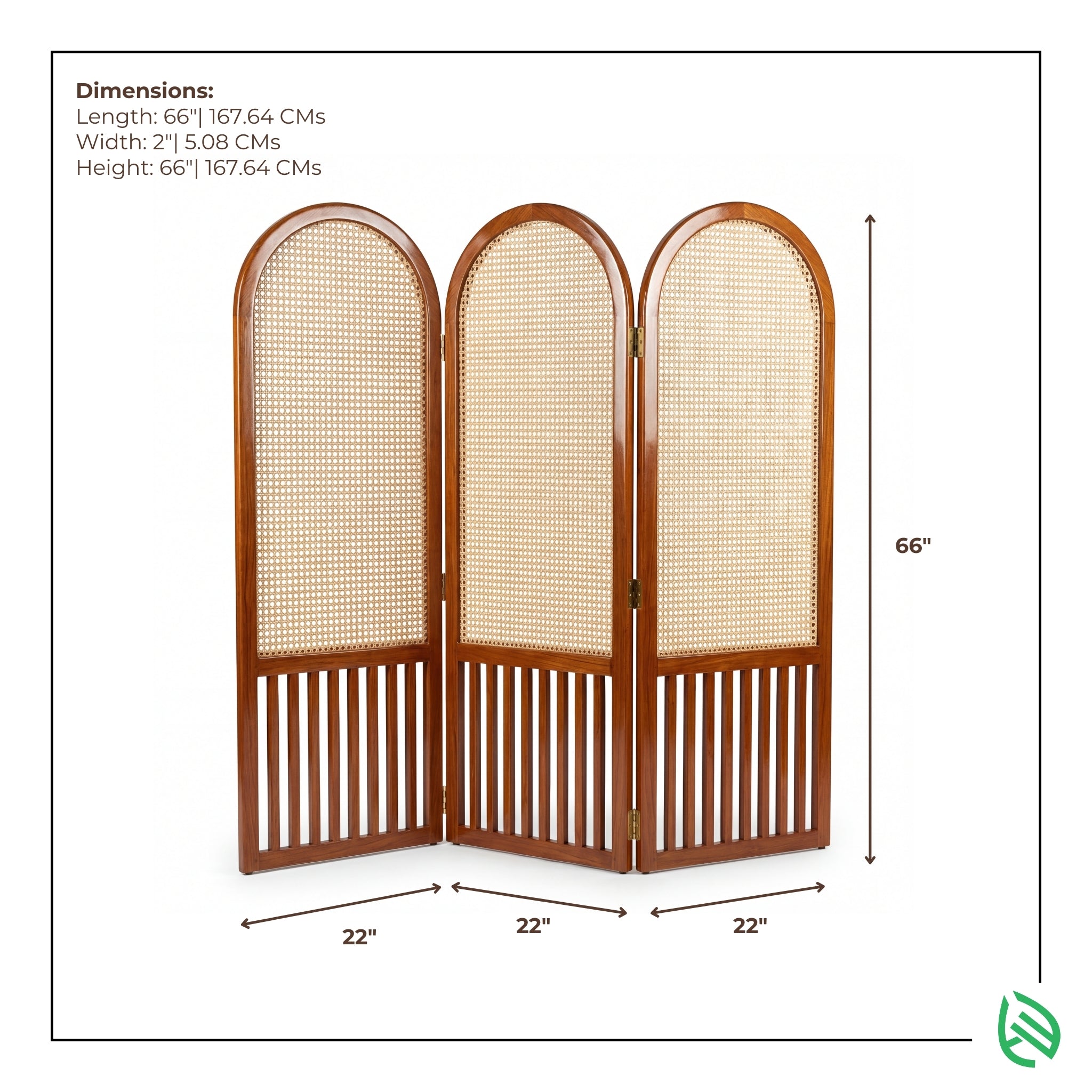 Three-panel wooden screen with wicker design, showing dimensions on a white background.