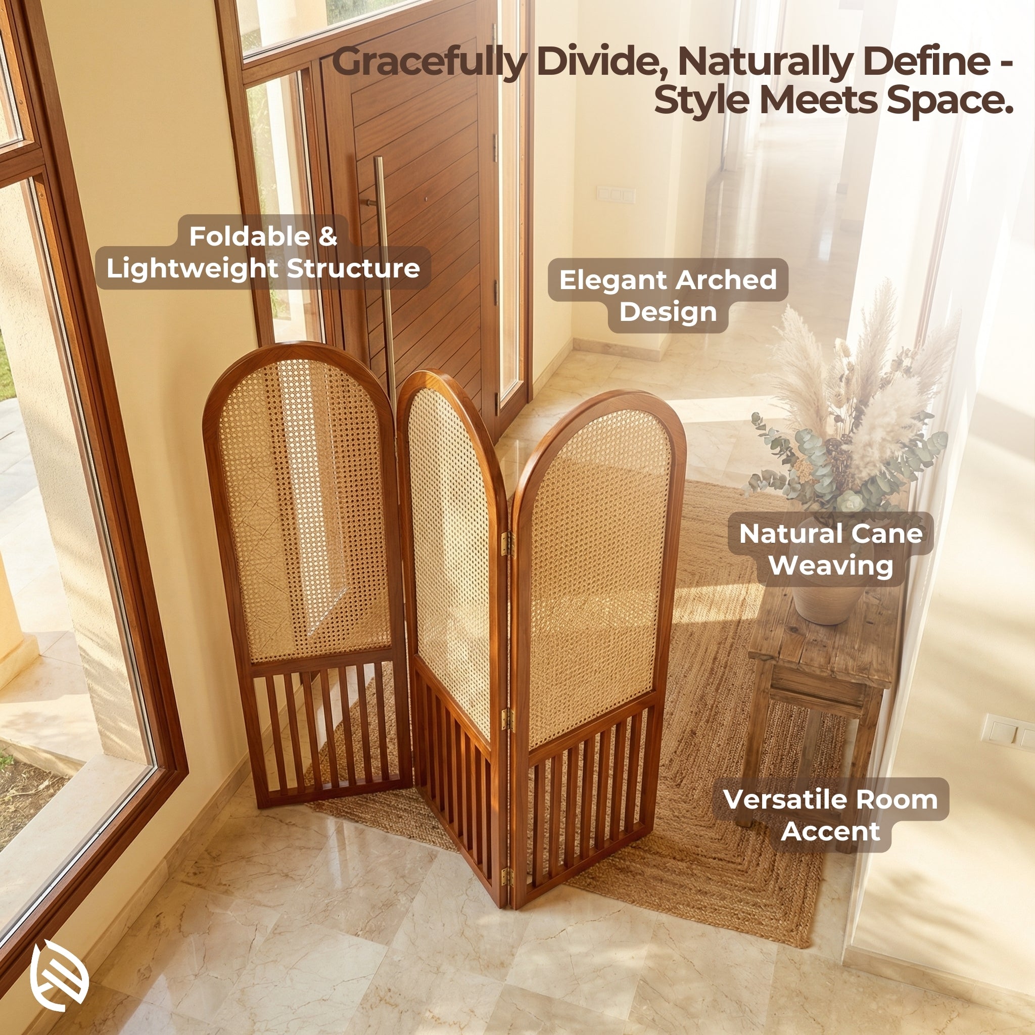 Wooden screen with natural cane weaving in a room setting, featuring text on its features.