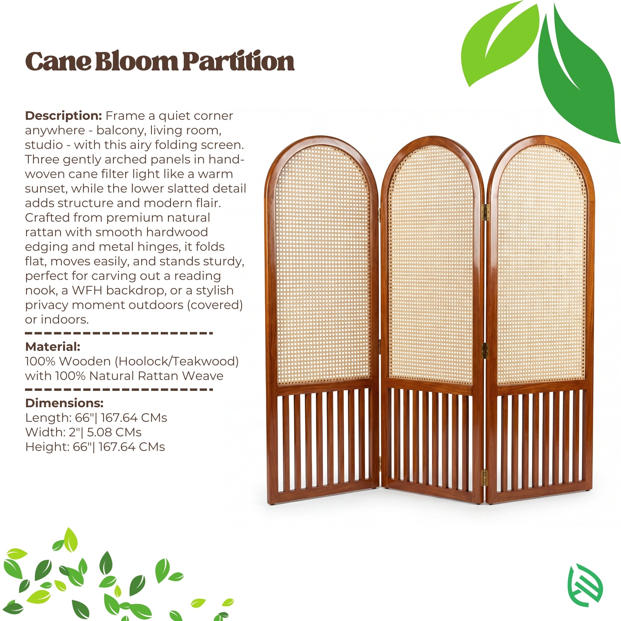 Cane Bloom Partition with description and specifications on a white background