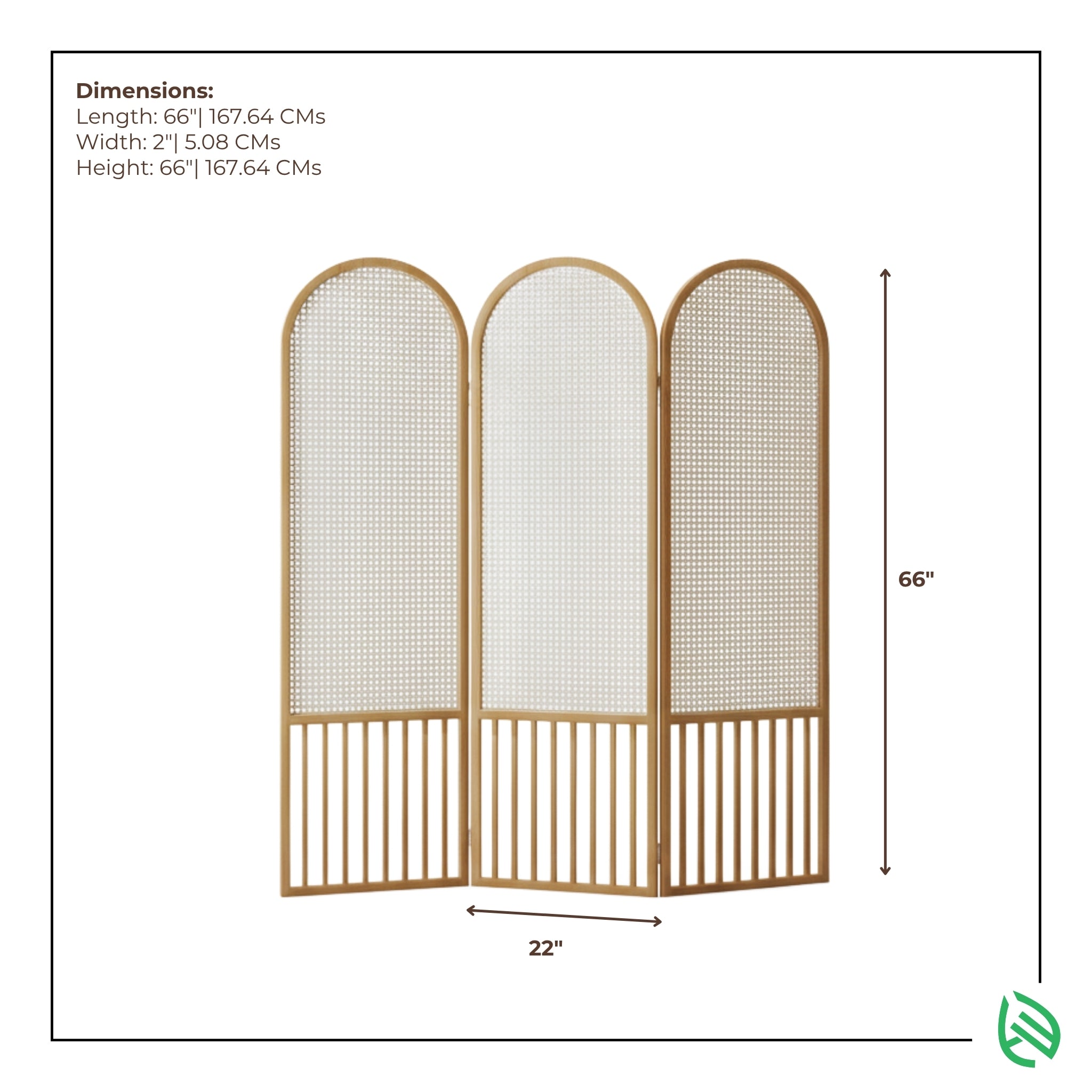 Cane Bloom divider dimensions graphic, 66 inch height, three panels