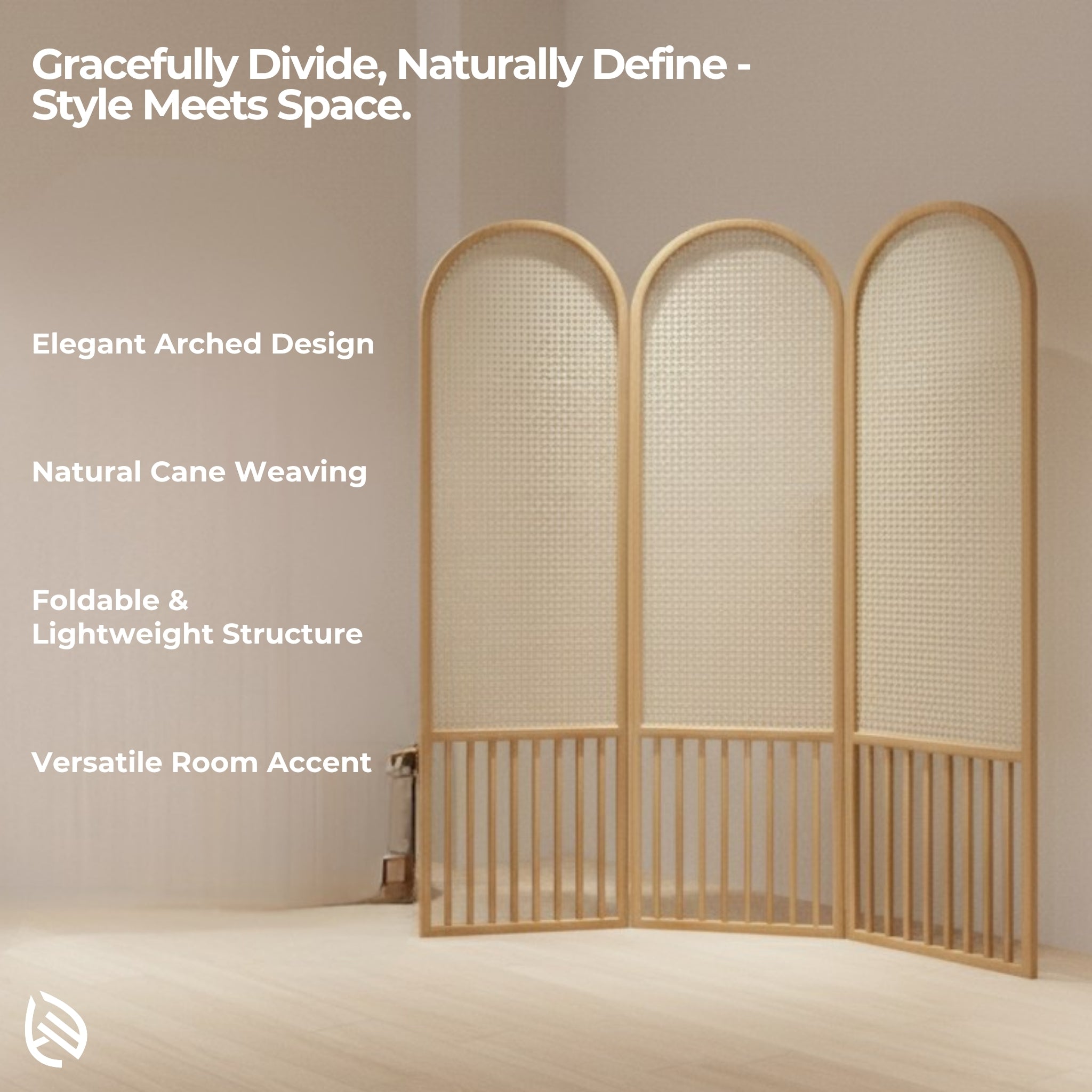 Feature highlights of Cane Bloom natural cane folding screen, arched design