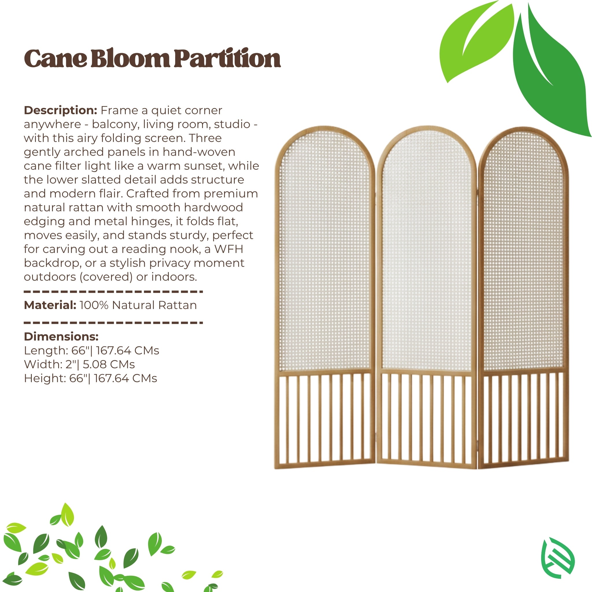 Cane Bloom Partition product spec sheet showing material and overview