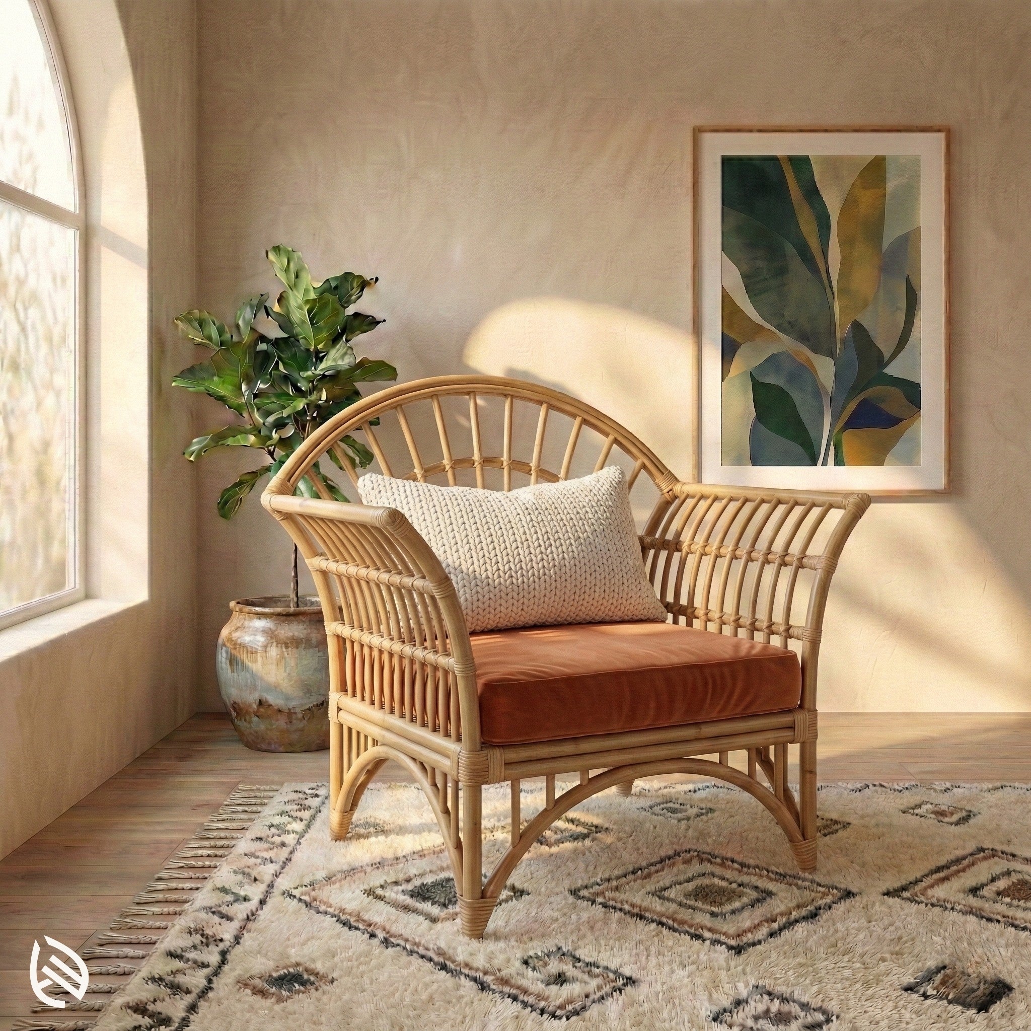 Wicker chair with orange cushion in a room with a plant and abstract art on the wall.