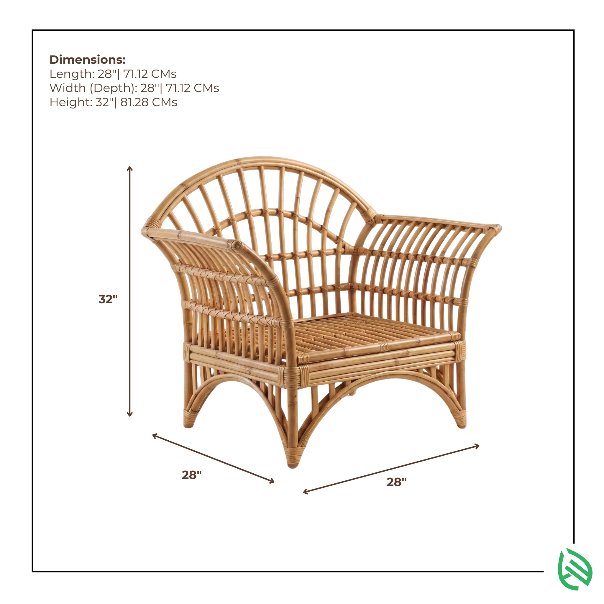 Wicker chair with dimensions labeled on a white background