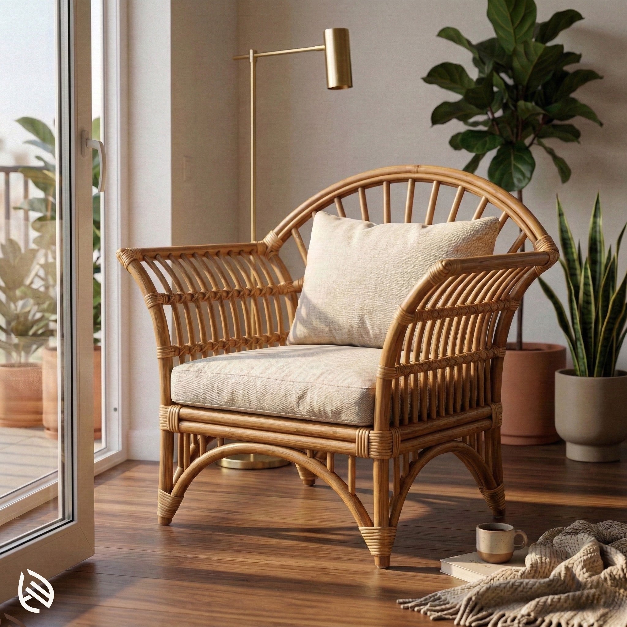 Wicker chair with beige cushion in a cozy room with plants and a coffee table.