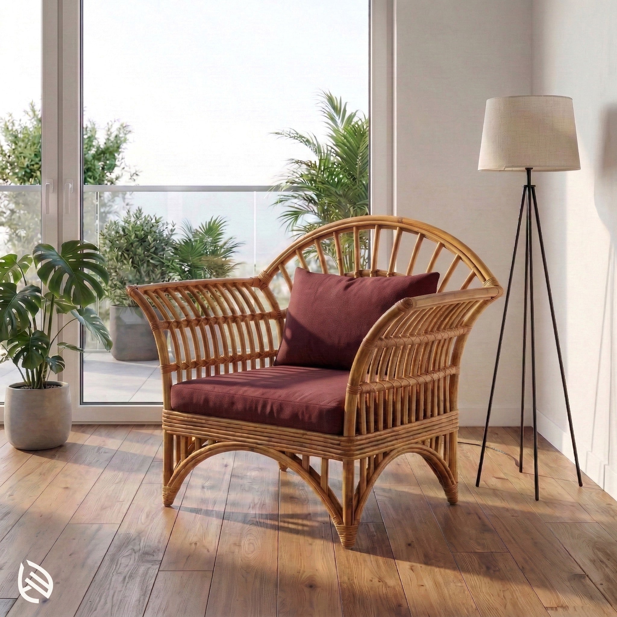 Wicker chair with red cushions in a bright room with large windows and plants.