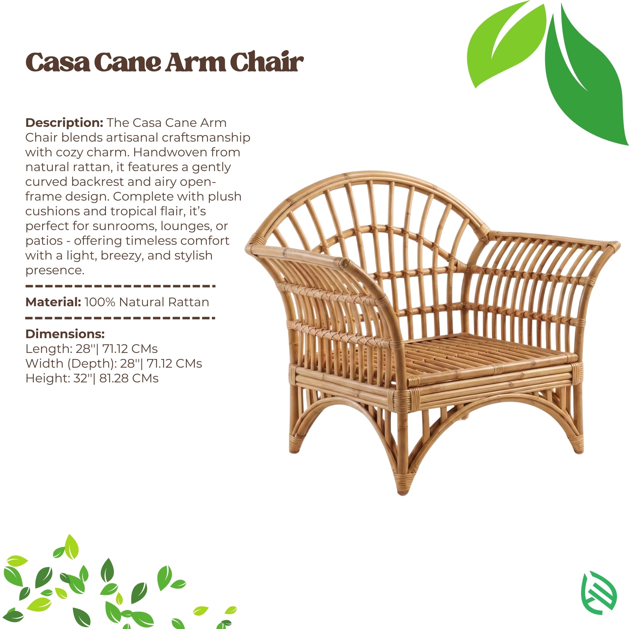 Casa Cane Arm Chair with product description and specifications on a white background