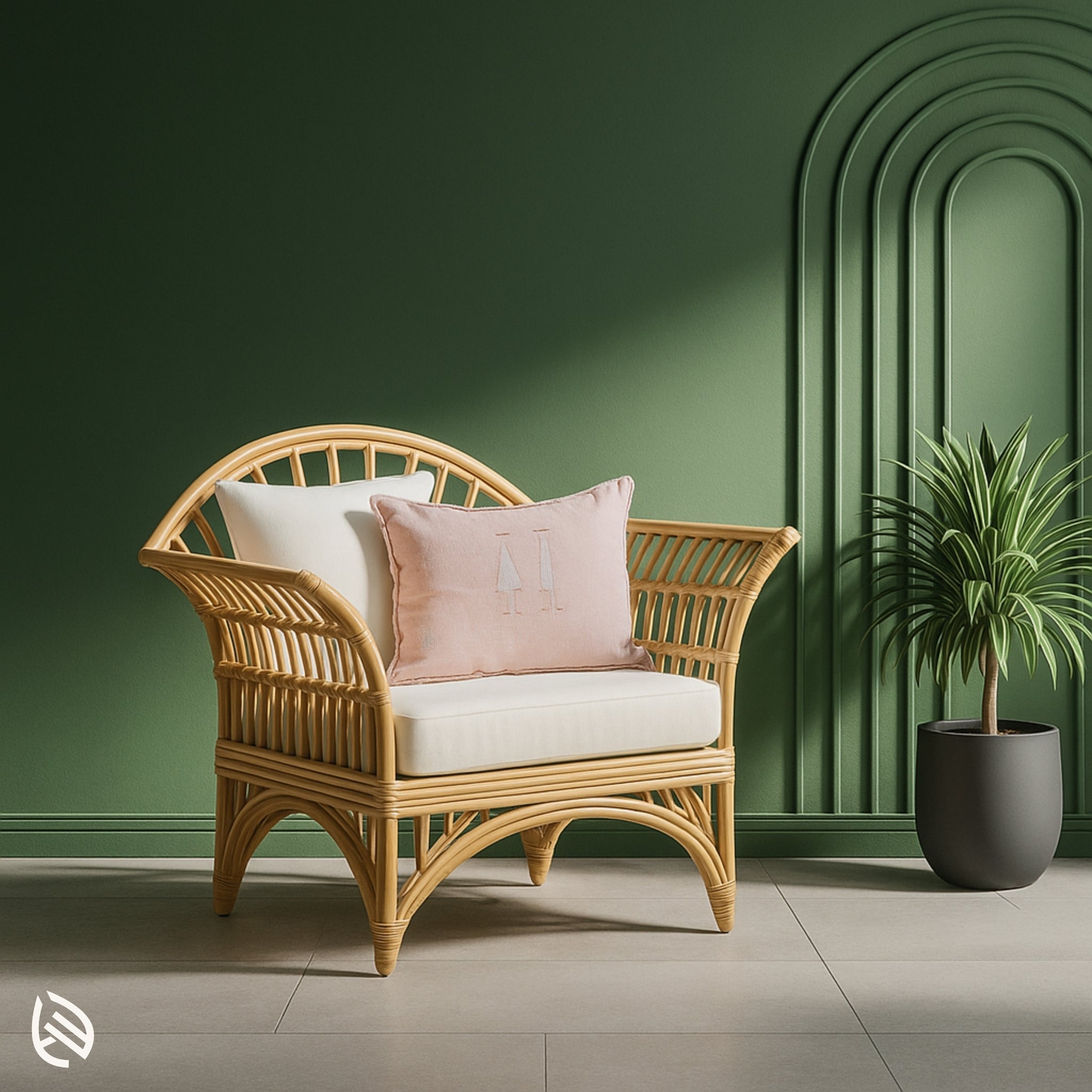 Casa Cane rattan arm chair with arched back and white cushion in green living room