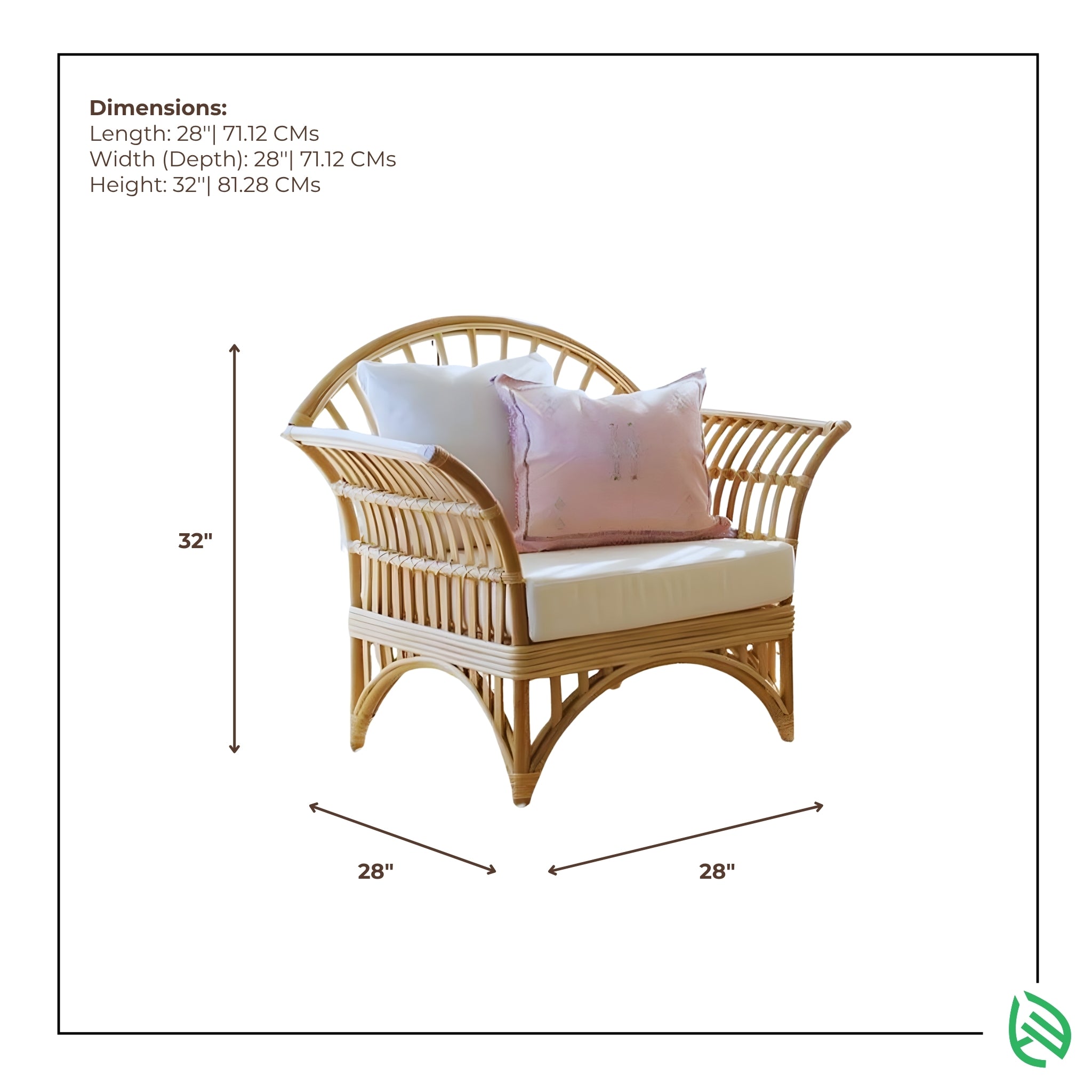 Dimensions graphic of Casa Cane rattan arm chair 28x28x32 inches