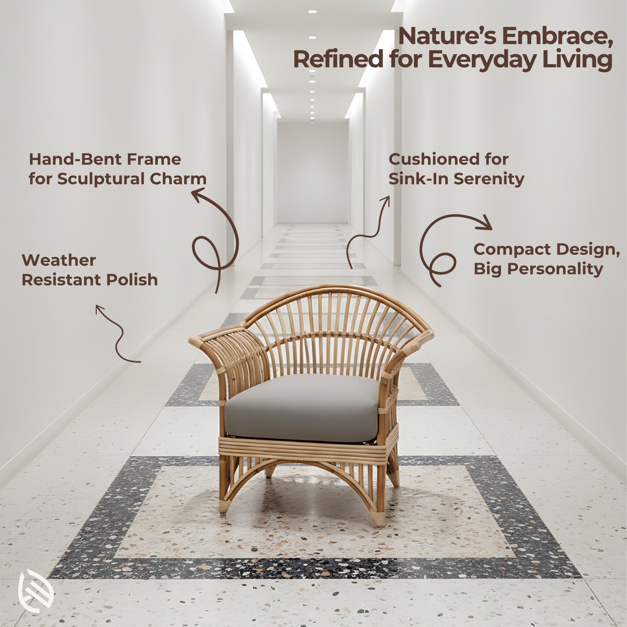 Feature graphic of Casa Cane showing hand-bent frame, weather-resistant polish, compact design