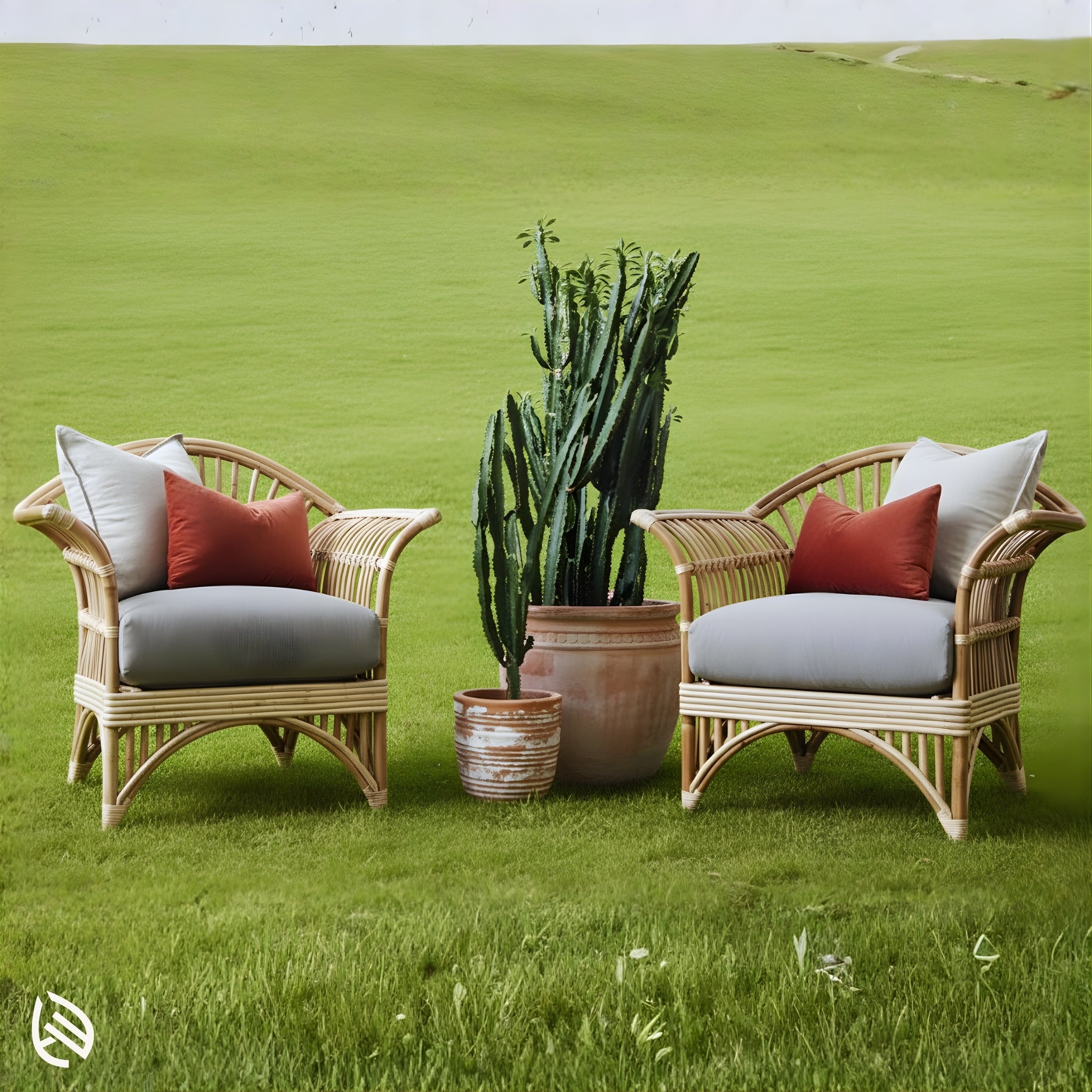 Pair of Casa Cane rattan lounge chairs styled outdoors with terracotta planters