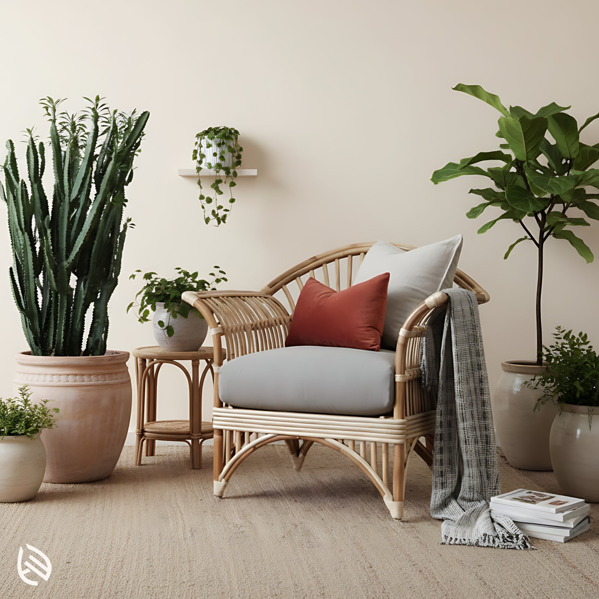 Rattan accent chair in indoor plant corner with grey cushion and throw