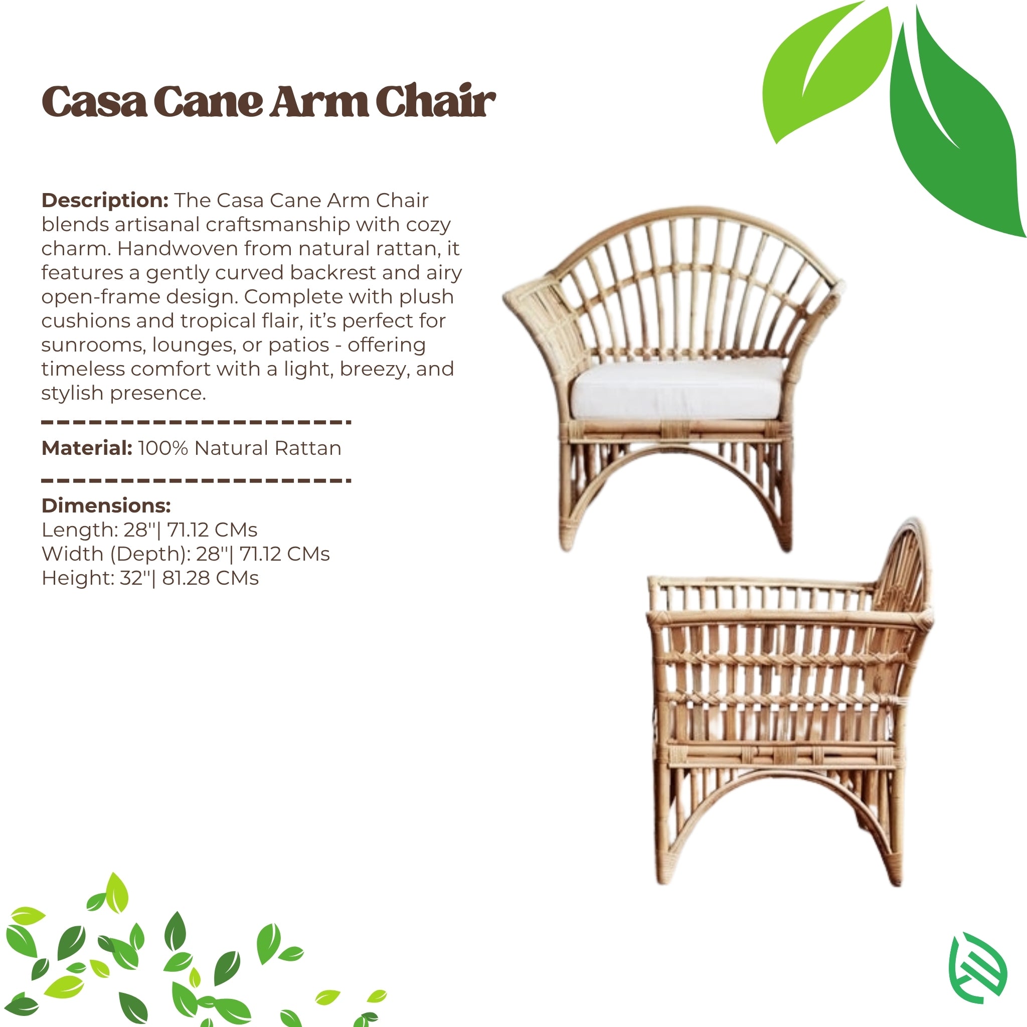 Casa Cane Arm Chair with product description and dimensions on a white background
