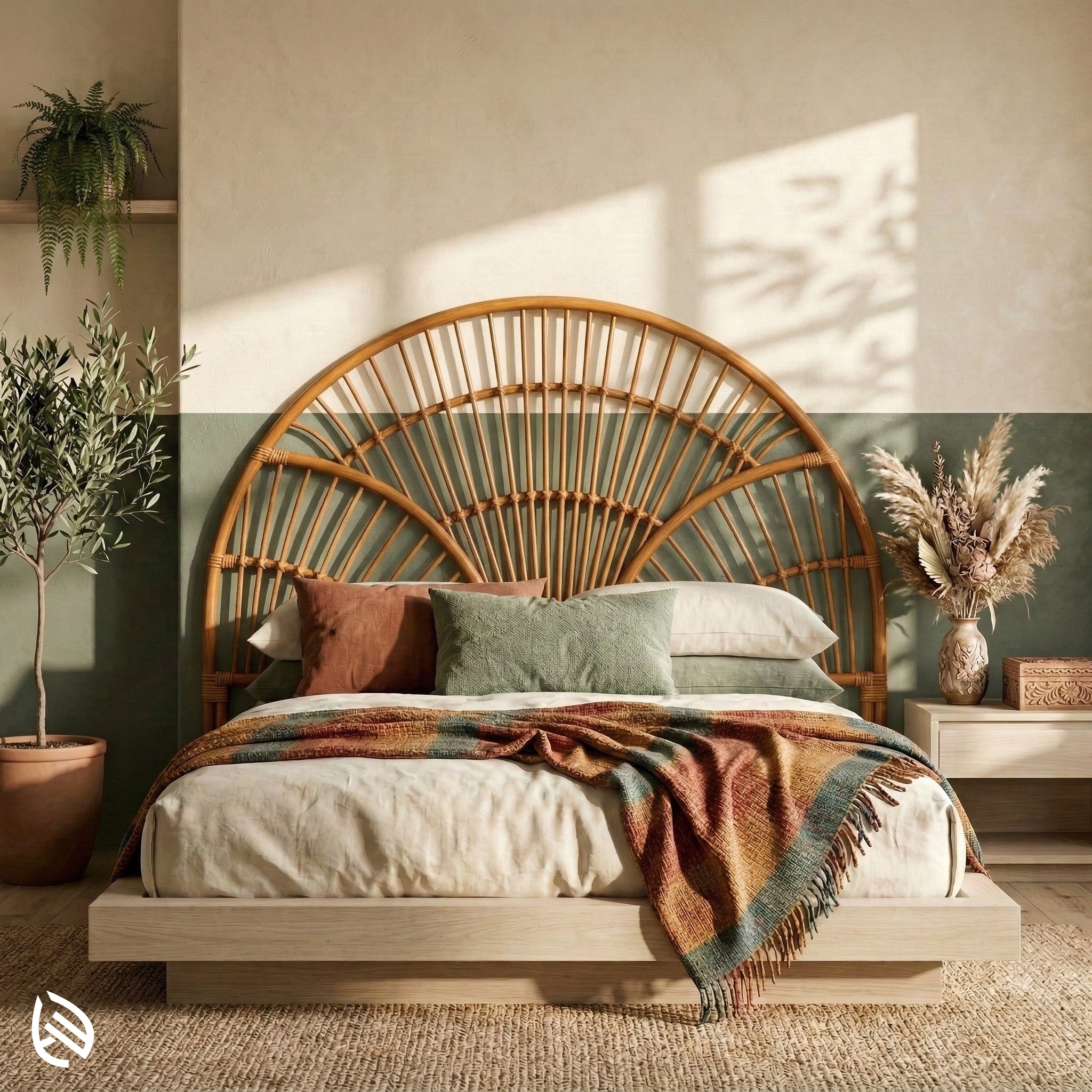 Bedroom with a rattan headboard, pillows, and a blanket, with plants and a vase in the background.