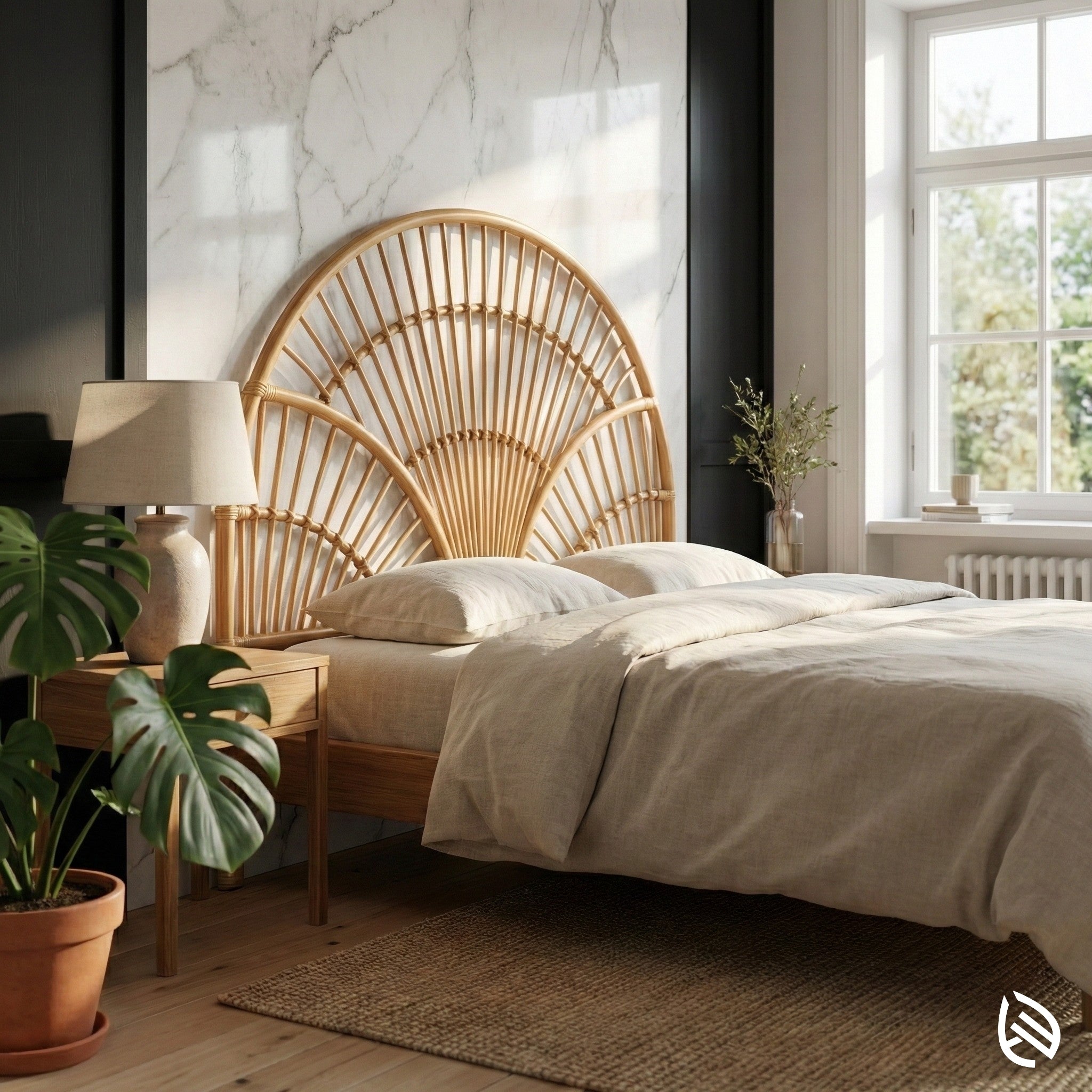 Bedroom with a rattan headboard, beige bedding, and a lamp.