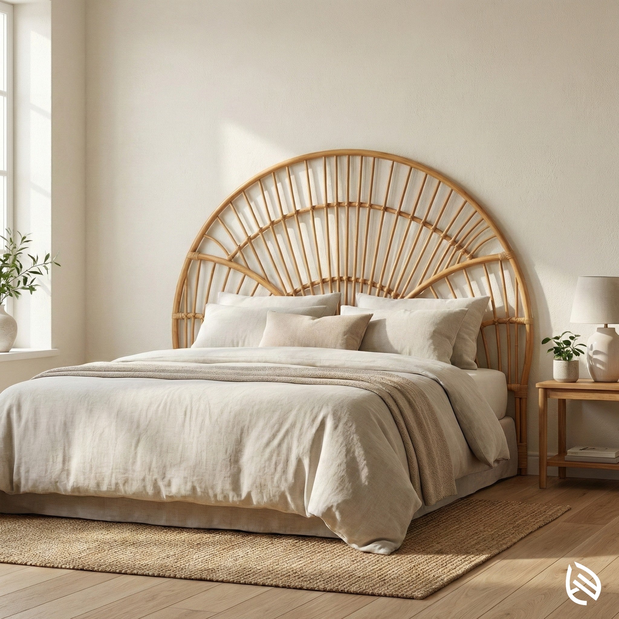 Bedroom with a rattan headboard and neutral bedding.