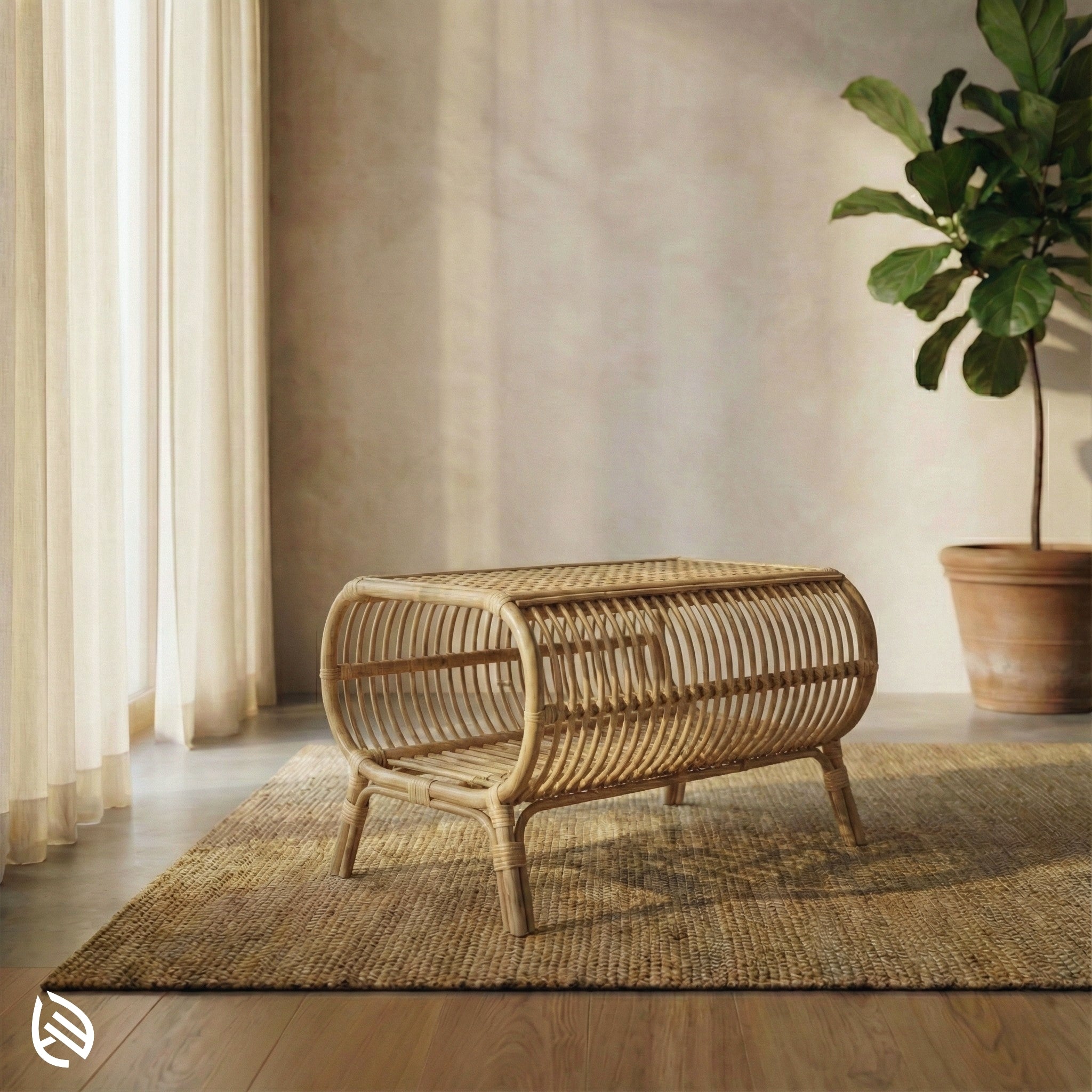 Wicker center table in a room with a plant and curtains