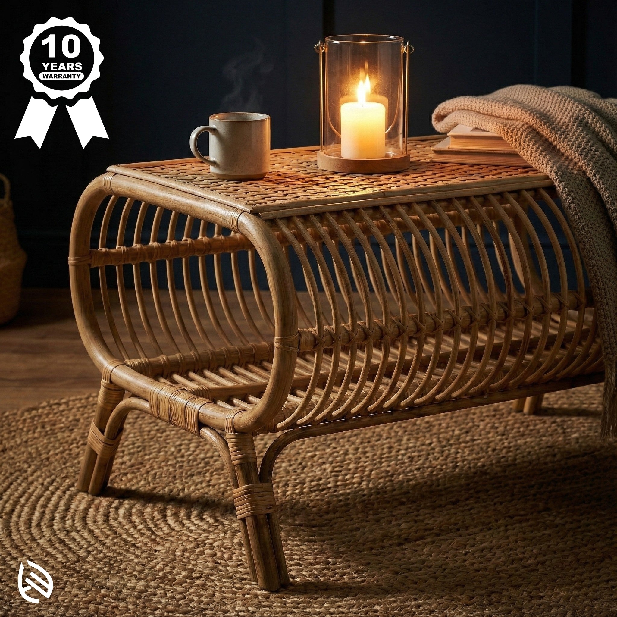 Wicker coffee table with a candle, mug, and books on a dark background