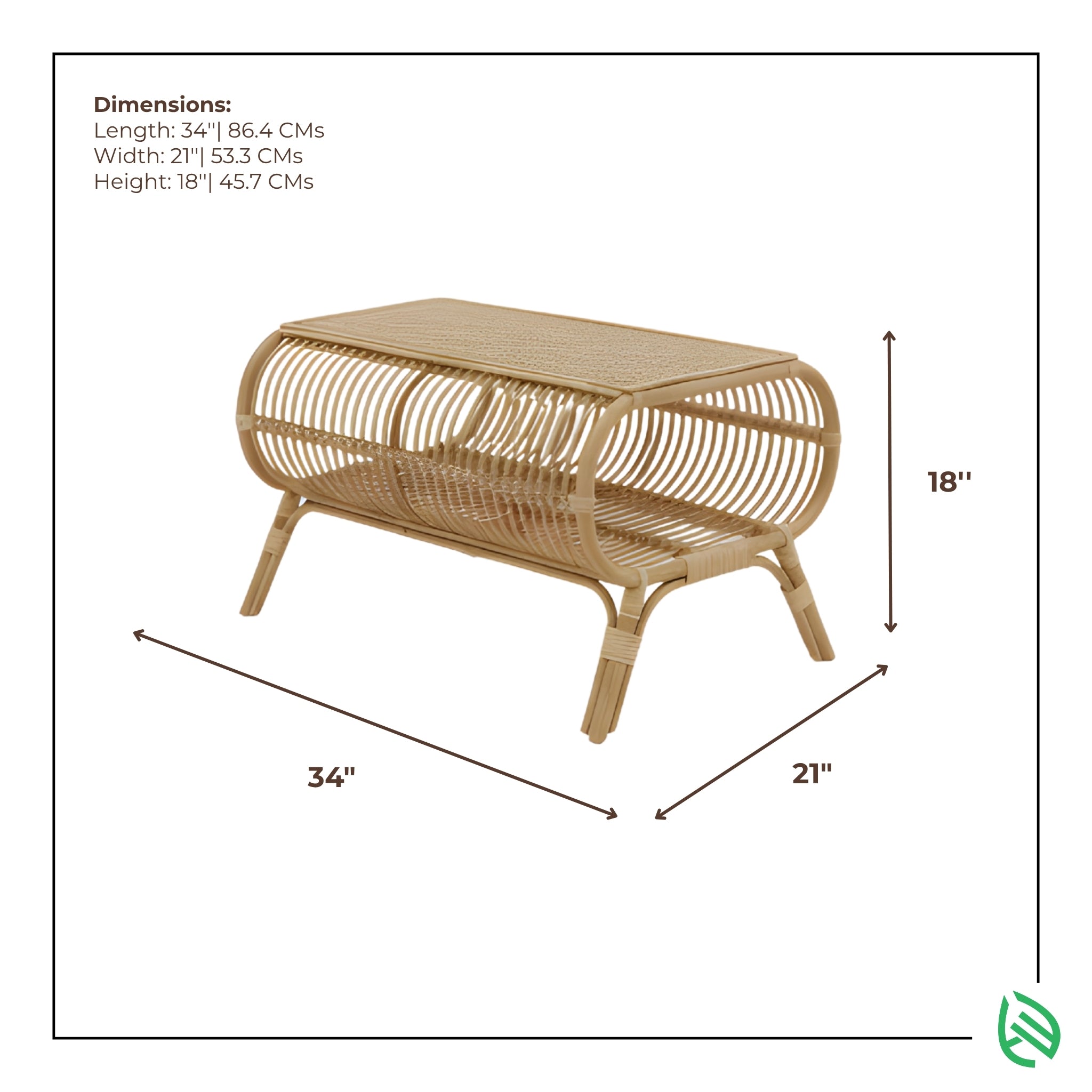Dimensions diagram for Centerpiece Chic Rattan Center Table - 34 in L × 21 in W × 18 in H; natural rattan frame with shelf.